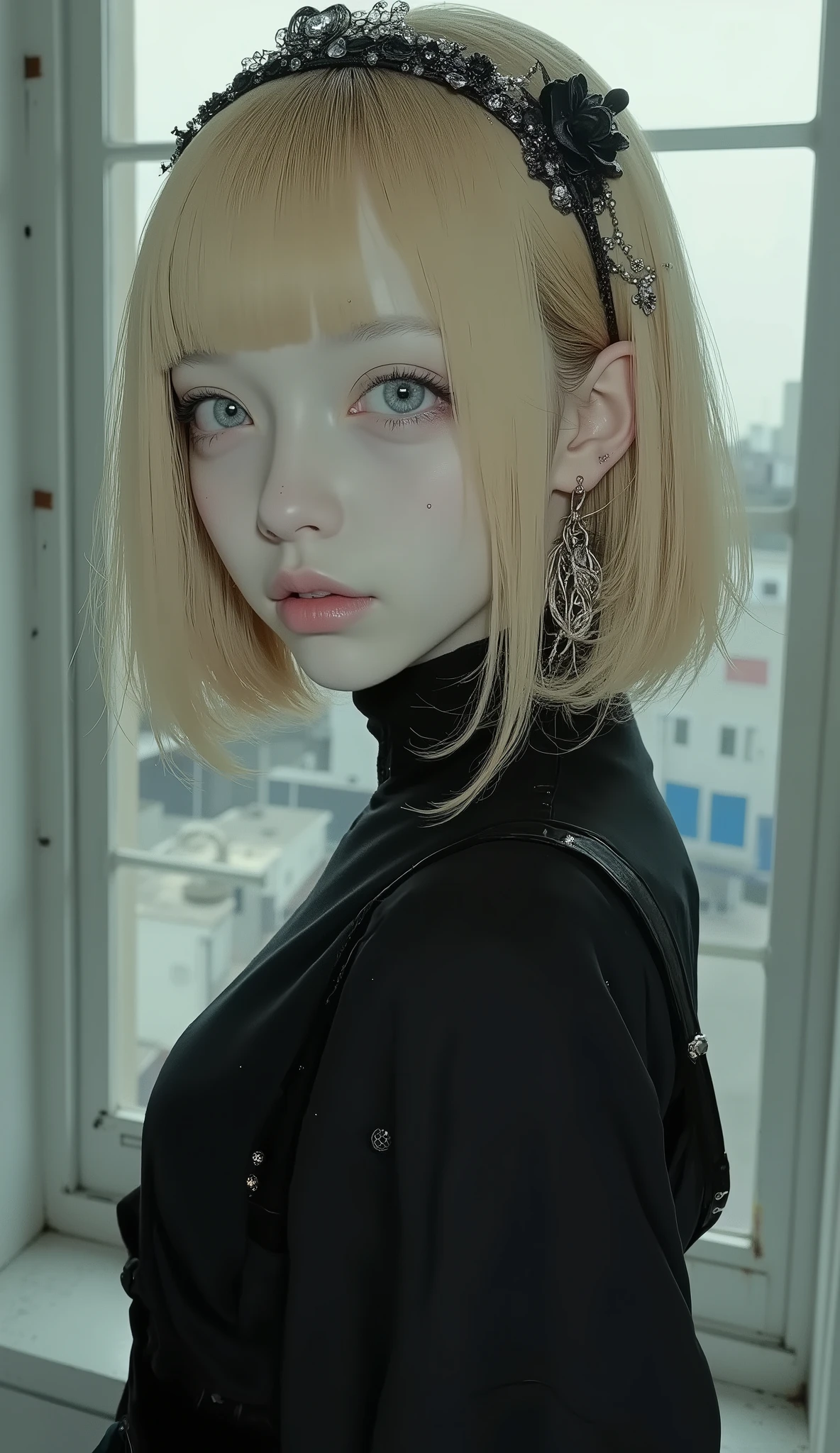 Blond woman in a black dress with blue eyes standing in front of a window, princess cut, with short hair, with short hair with bangs, 白いprincess cutの髪型, 青white skin!!, with bangs, neat hair with bangs, full bang, 🤤 Portrait of a Woman, long bang, {x} she looks like she mixed with Grimes, white skin, Pale Goth Beauty
