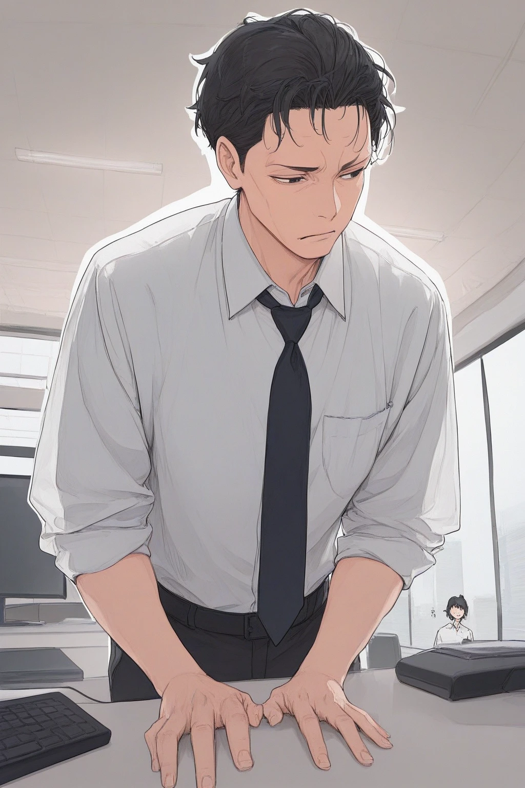 (Detailed Background), ((Are male)),short hair, Dark brown hair, green eyes, white shirt,navy blue necktie,slacks,poop,(Poop is soaking into my pants),My pants are bulging due to poop,crying,is holding down my stomach,((sitting on the floor)),legs aligned,view ,back to viewers,I can see my pants full of poop,Over my shoulder、