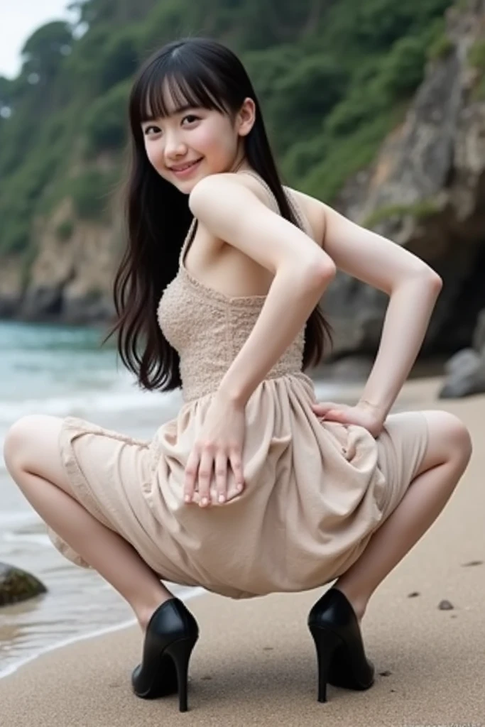 ((highest quality、8k、masterpiece:1.3)),((((fullbody shot)))),Ultra-high resolution,big eyes,Japanese,bangs,(a girl),(1 girl),((20 years old)),((facing at viewer)),(long hair),(((black sweater))),grin,((squatting in beach)),(((pussy))),((skirt lift)),(((black short crew socks)))