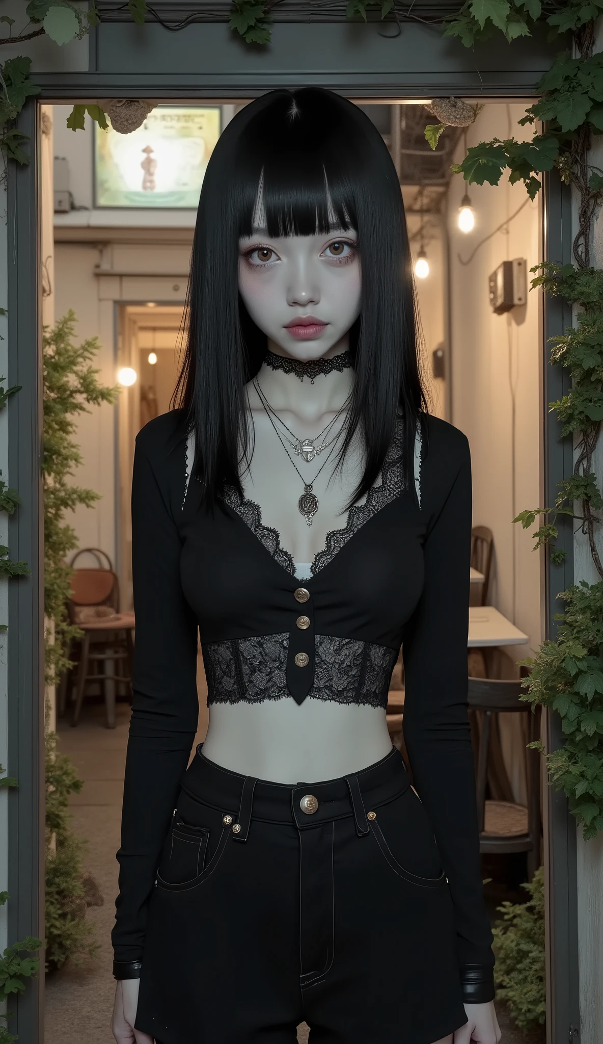 細身の人物が夜の都会の屋外に立っています。. 人物は、レースのディテールとフロントのボタンが付いた、体にフィットする黒の長袖トップスを着ています。. 下に, 淡い色のレースの縁取りのあるキャミソールかブラジャーが見えています。, 後ろにガラスのドアがあり、カジュアルで居心地の良い外観になっています. 繊細なペンダントが付いた長いシルバーのネックレスが胸元から垂れ下がっています。. シーンは暖かい街灯に照らされ、豊かな緑に囲まれています。, 背景に質感を加えている. 都市環境を思わせる設定, 遠くの建物や街灯のぼやけた光がシーンに奥行きを与えています。. 雰囲気はリラックスしていて、率直な印象を与えます。, まるで、思いつきで夜の外出に出かけたところを撮影したかのようです。.