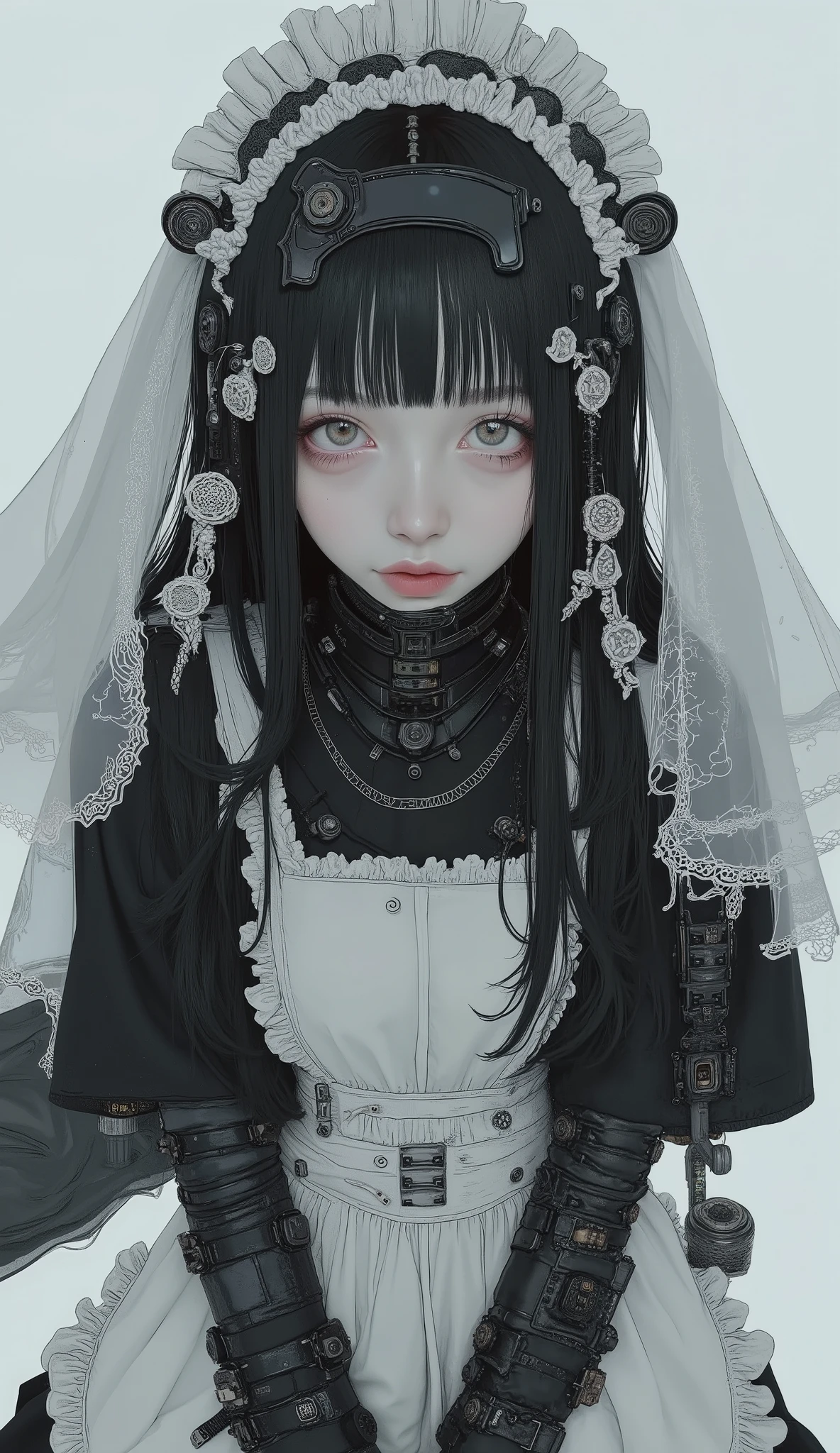 It features multiple intricate ornaments and textures、There are people wearing spacesuits with elaborate and detailed black and white maid-like designs. The costume is mostly black with white accents, 。. The composition is、It highlights the close attention to detail in the costume design.Listless、