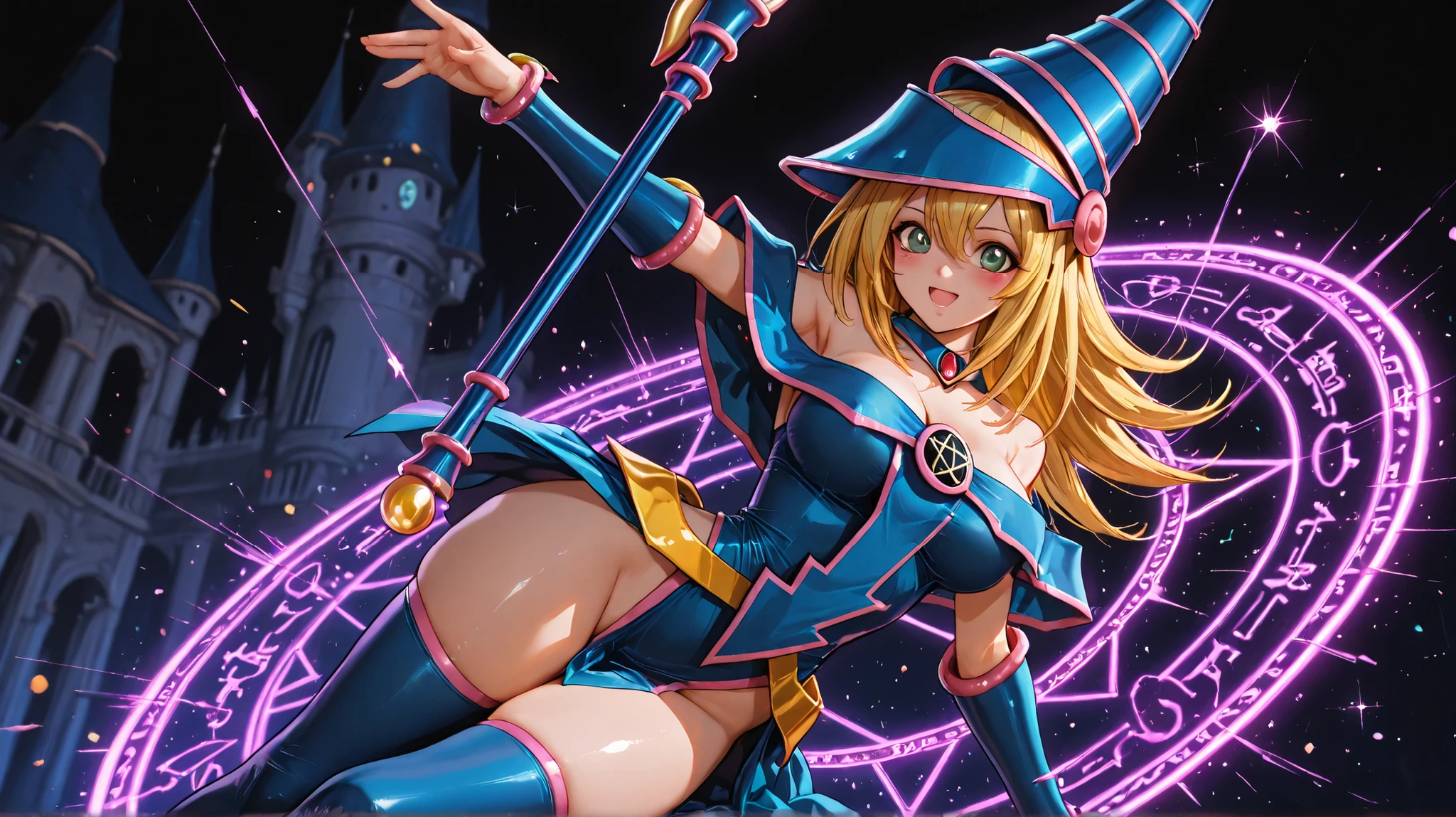 (score_9:0.9),score_8_up,score_7_up,rating_safe,(zPDXL),(zPDXL3),dark magician,solo,green eyes,purple wizard hat,purple hair,upper body,looking at viewer,1girl,purple wizard clothes,magic circle,MEDIUM breasts,thick thighs,small waist, NSFW, glass cover, upper body, side shot, alternate color, masterpiece, detailed illustration, lifelike, Pixiv top quality, exquisite, {{{Cute 1dark magician girl}}}, super beauty merging with the machine, elaborate shabby chic pattern, beautiful and shiny woman, half of my body is made of machine, transparent glass body, the machine inside is transparent, cinematic lighting, dynamic angle, dynamic pose, MAGIC World, depth of field. Magic macaw at the bottom. magic hearts showing your VOLUPTUOUS body, BIG , BEAUTIFUL, SENSUAL, BLUSHING from head to toe, STROLLING THE CASTLE, SMILING PLAYING SEXY CROSSED LEGS, BLONDE HAIR INTERACTING WITH LUCID MAGIC , twin pigtails, Black background,colorful,vibrant, shiny outline ,neon,Blacklight,any pose, dynamic, Behavior