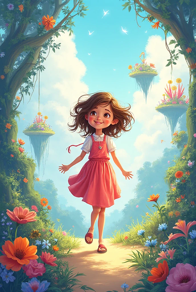 ((Close-up of a fairytale girl sitting in a flower field and laughing, with a large central drawing))、looks happy,An illustration,pop,colorfulに,draw with thick lines,color,Tree Branch、Happy dreams,Warm and full of happiness,,colorful,Fancy,Fantasy,,Detailed explanation,fluffy,Randolph Caldecott Style