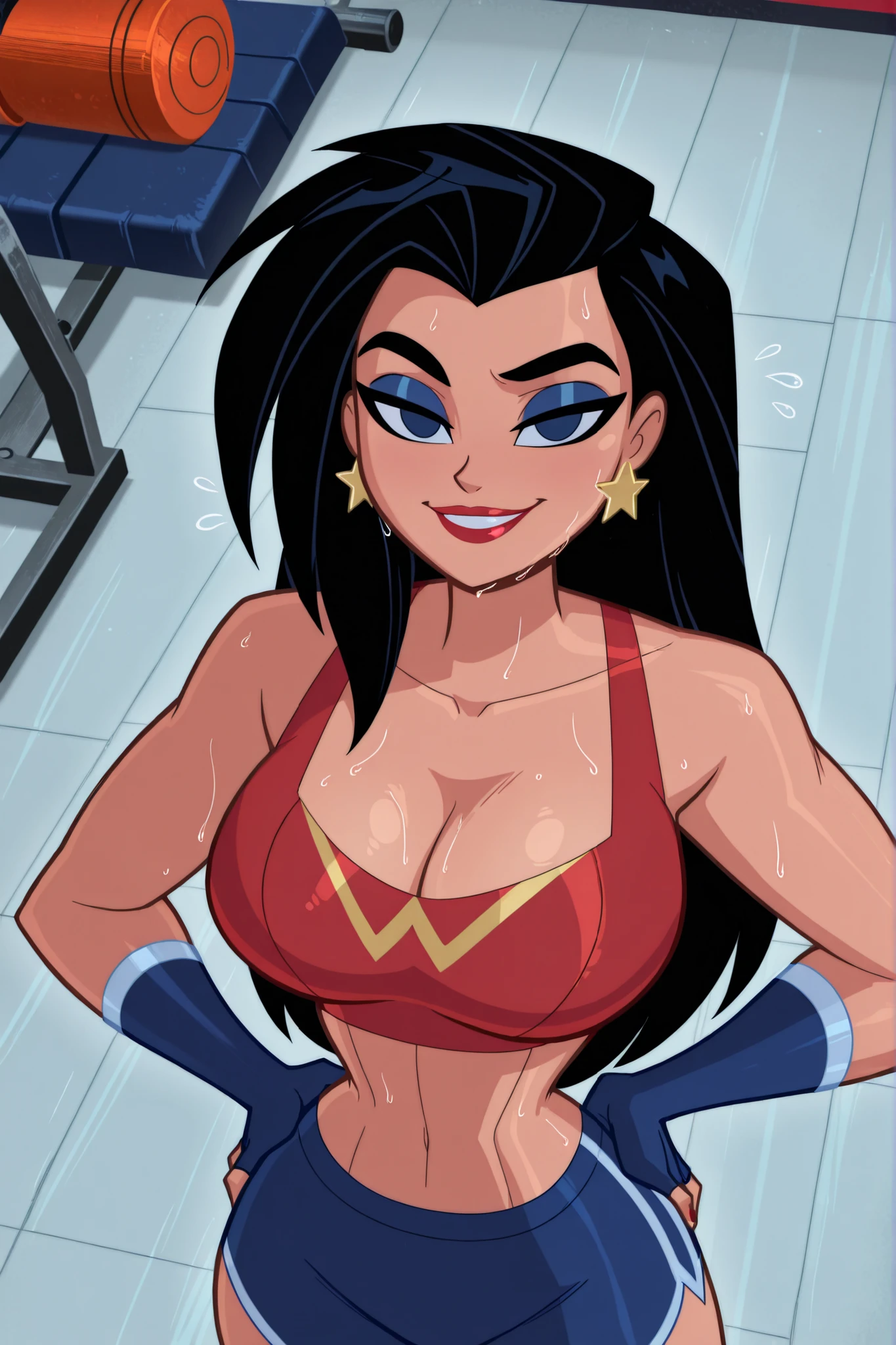 BREAK, score_6_up, score_9, score_8_up, score_7_up, ultra quality, solo, 1girl, wonderwomanjla, long hair, black hair, bare shoulders, jewelry, earrings, busty, red sports bra, blue gym shorts, blue fingerless gloves, makeup, lipstick, star earrings, looking at viewer, seducing viewer, teasing viewer, smiling, seductive expression, bedroom eyes, athletic, large breasts, cleavage, curvy, narrow waist, upper body, portrait, screencap, indoors, gym, standing, high-angle view, closeup, midriff, blue eyeshadow, hands on waist, sweaty, sweat drops