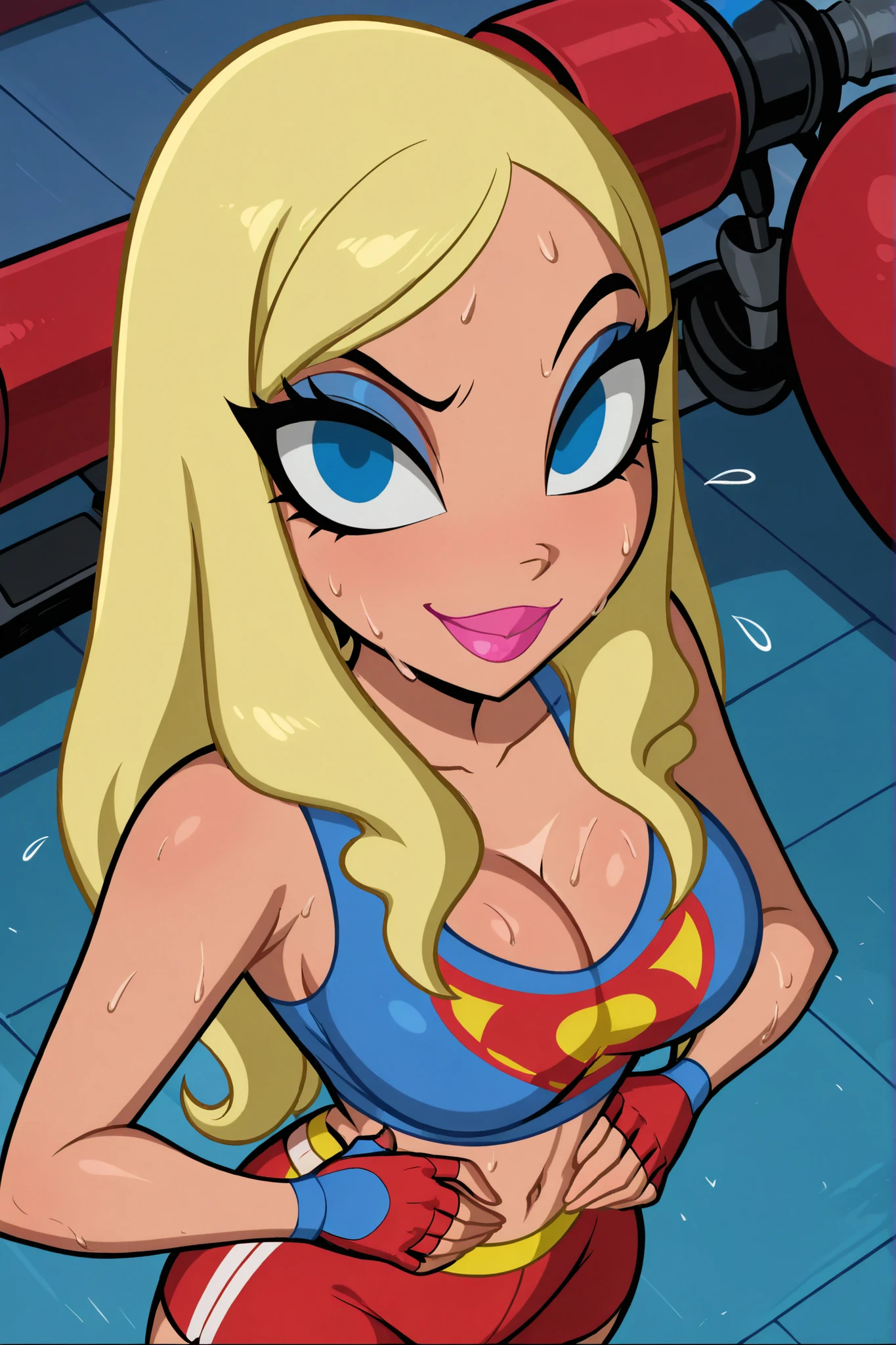 BREAK, score_6_up, score_7_up, score_8_up, score_9, masterpiece, best quality, amazing quality, SGJLA, 1girl, solo, blonde hair, blue eyes, pink lipstick, long hair, makeup, large breasts, busty, cleavage, curvy, athletic, looking at viewer, seducing viewer, teasing viewer, seductive expression, smiling, closed mouth, bedroom eyes, blue sports bra, red gym shorts, blue fingerless gloves, indoors, gym, standing, closeup, portrait, upper body, high-angle view, blue eyeshadow, hands on waist, sweaty, sweat drops