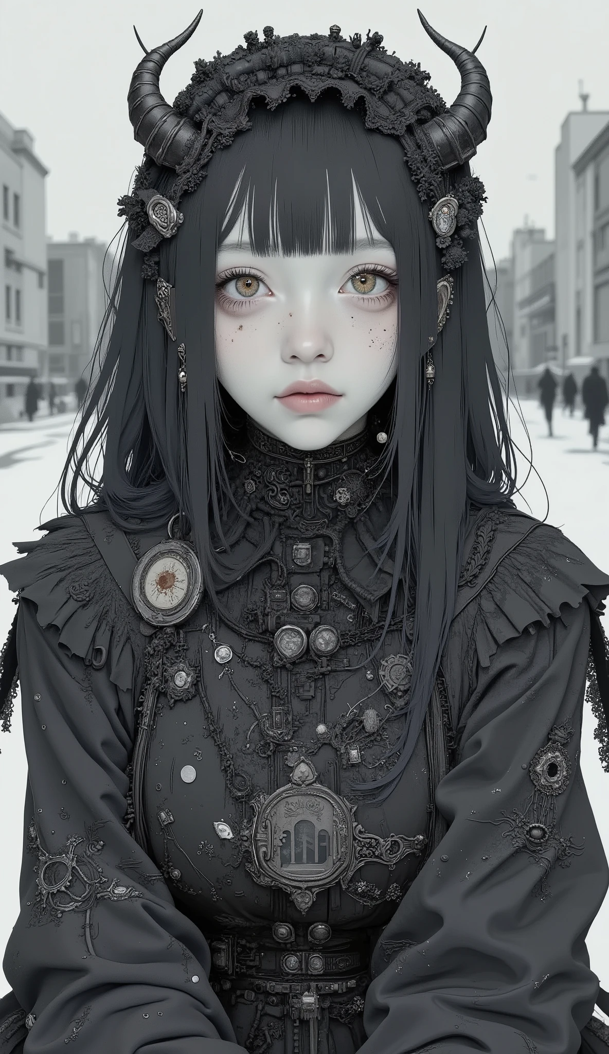 It features multiple intricate ornaments and textures、精巧で詳細な白黒のメイド風デザインのSpace Suitを着ている人がいます. The costume is mostly black with white accents, Space Suit. The composition is、It highlights the close attention to detail in the costume design.The black cloak is taking hold、