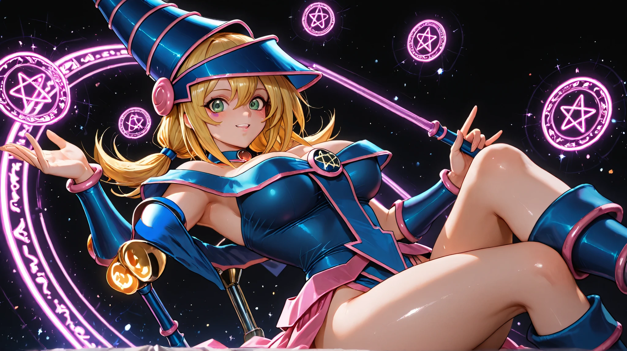 (score_9:0.9),score_8_up,score_7_up,rating_safe,(zPDXL),(zPDXL3),dark magician,solo,green eyes,purple wizard hat,purple hair,upper body,looking at viewer,1girl,purple wizard clothes,magic circle,MEDIUM breasts,thick thighs,small waist, NSFW, glass cover, upper body, side shot, alternate color, masterpiece, detailed illustration, lifelike, Pixiv top quality, exquisite, {{{Cute 1dark magician girl}}}, super beauty merging with the machine, elaborate shabby chic pattern, beautiful and shiny woman, half of my body is made of machine, transparent glass body, the machine inside is transparent, cinematic lighting, dynamic angle, dynamic pose, MAGIC World, depth of field. Magic macaw at the bottom. magic hearts showing your VOLUPTUOUS body, BIG , BEAUTIFUL, SENSUAL, BLUSHING from head to toe, STROLLING THE CASTLE, SMILING PLAYING SEXY CROSSED LEGS, BLONDE HAIR INTERACTING WITH LUCID MAGIC , twin pigtails, Black background,colorful,vibrant, shiny outline ,neon,Blacklight,any pose, dynamic, Behavior