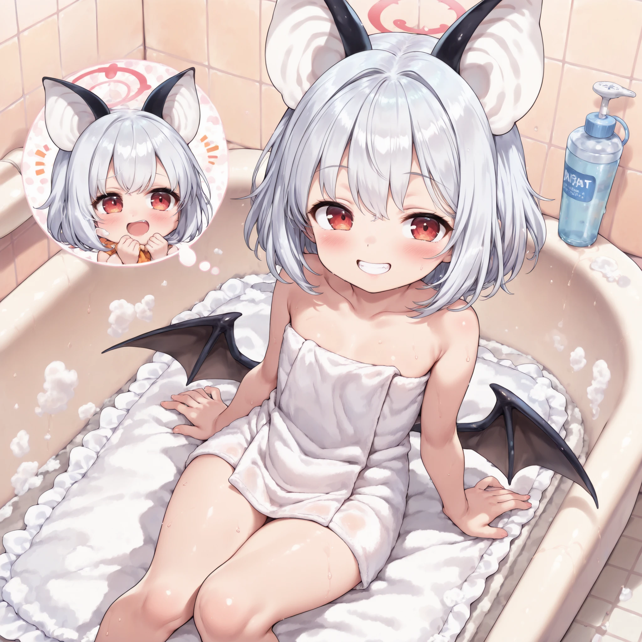 chibi, mesugaki, chibi only、(1 person:1.4)、2.5 heads tall、 bat girl 、black bat ears、is open with bat wings on its back、red eyes、white bob hair、Concealed Hair、baby face、Blush、grin、double teeth、(Sit straight on an air mat)、Sponge in hand 、wrap an orange towel around your body、Large air mat、in the tiled room、masterpiece、Highest Quality、Detailed、anime style、