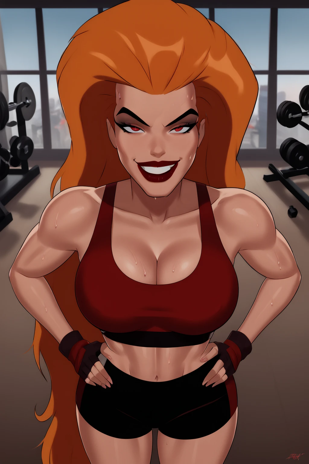 BREAK, score_6_up, score_9, score_8, score_7, 1girl, solo, Volcana, dcaustyle, red lips, lipstick, makeup, very long hair, orange hair, red eyes, black pupils, , cleavage, curvy, athletic, looking at viewer, seducing viewer, teasing viewer, smile, closed mouth, expression, bedroom eyes, busty, dark red sports bra, dark red gym shorts, dark red fingerless gloves, indoors, gym, standing, portrait, upper body, closeup, high-angle view, black eyeshadow, hands on waist, sweaty, sweat drops