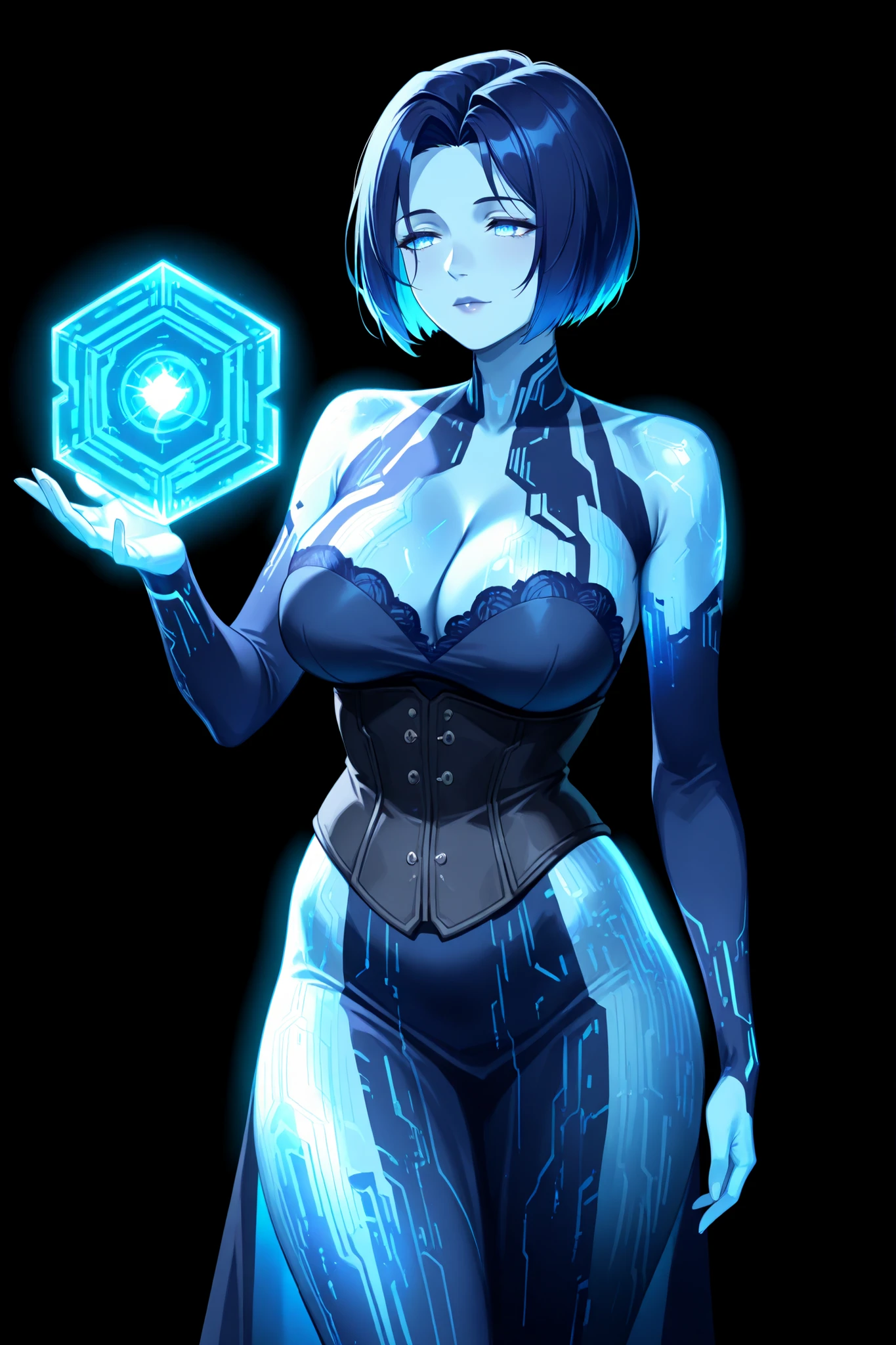 Cortana has blue skin, navy blue lace dress with corset, hologram 1girl, glowing blue body with soft neon circuit patterns, short bob haircut, standing pose with a waiting hand, futuristic sci-fi aesthetic, holographic platform below her, smooth glowing edges, expressive anime-style face, good proportions, parody character inspired by AI assistant style, soft lighting, Mature women,White Hanfu,Showing cleavage,Beautiful blue eyes,Extremely detailed,high resolution,Simple background