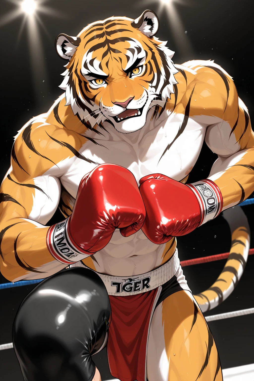 anthro, correct , bodily fluids, fur, bulge, blue shorts,  torso, looking at viewer, (collapsed and bent down), male, multicolored body, multicolored fur, muscular, (musk clouds:1.2), navel, (hard breathing, tongue out), solo, two tone body, two tone fur, by Pixelsketcher, by Bayard Wu, by Thomas Benjamin Kennington , by Einshelm, by Chunie,, (lin hu:1.1), (exhausted, sweat, bruised:1.4), in the boxing ring, (boxing gloves, beaten down, swollen cheek:1.4)