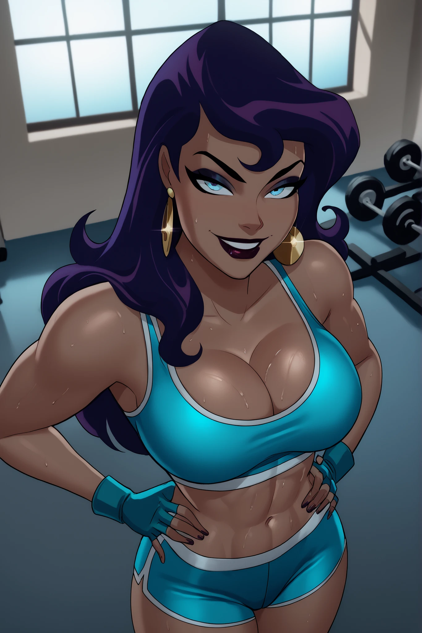 BREAK, score_9, score_8_up, score_7_up, score_6_up, masterpiece, high quality, NorCirce, 1girl, solo, purple hair, long hair, blue eyes, earrings, jewelry, large breasts, cleavage, curvy, athletic, dark-skinned female, lipstick, makeup, looking at viewer, seducing viewer, teasing viewer, smile, closed mouth, seductive expression, bedroom eyes, busty, turquoise sports bra, turquoise gym shorts, turquoise fingerless gloves, standing, indoors, gym, portrait, upper body, closeup, high-angle view, dark purple eyeshadow, hands on waist, sweaty, sweat drops 