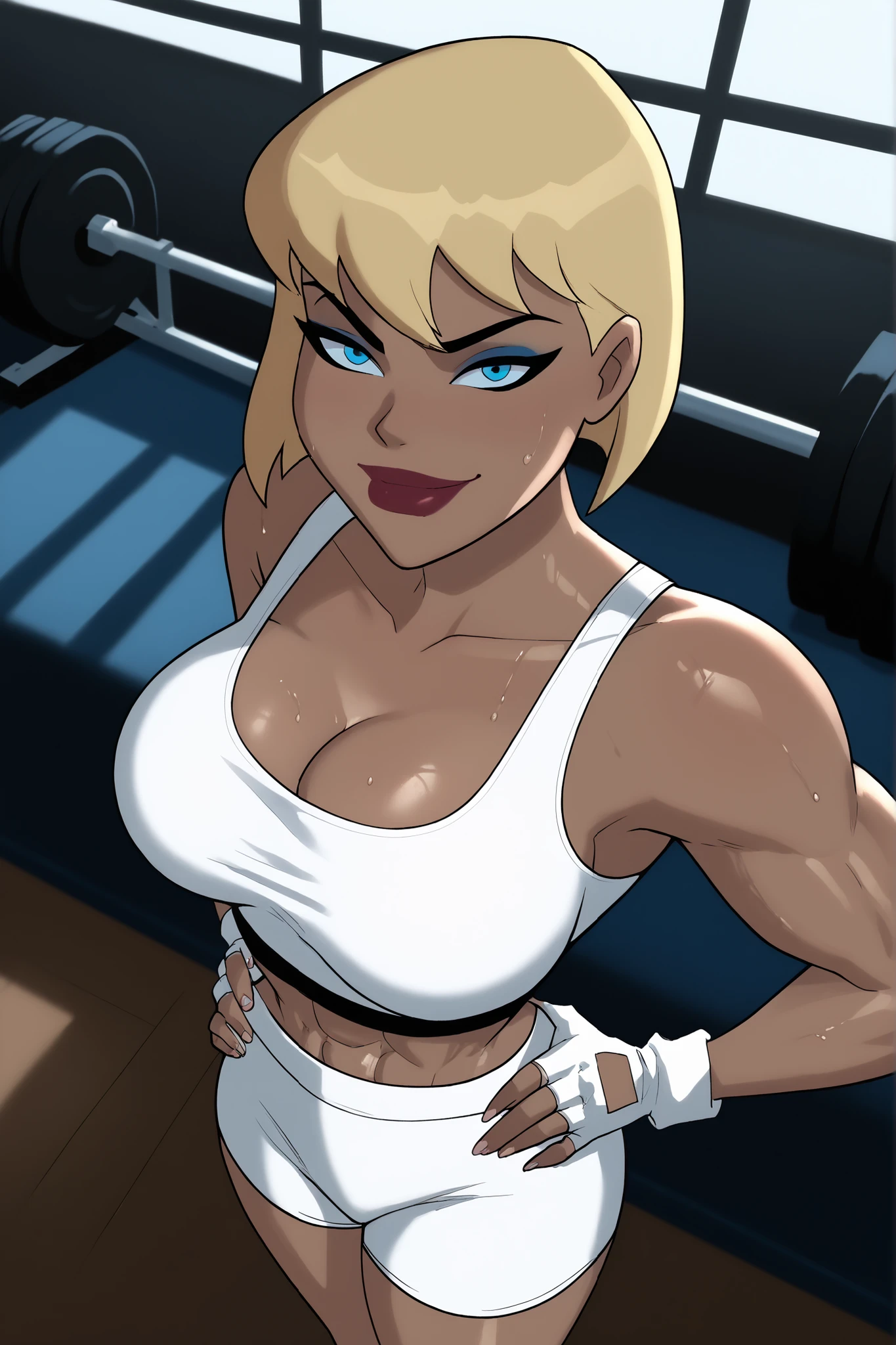 BREAK, score_6_up, score_7_up, score_8_up, score_9, g4l4t3a, 1girl, solo, short hair, bangs, blue eyes, blonde hair, lipstick, makeup, dark skin, dark-skinned female, large breasts, busty, cleavage, curvy, athletic, muscular female, looking at viewer, seducing viewer, teasing viewer, seductive expression, smiling, closed mouth, bedroom eyes, white sports bra, white gym shorts, white fingerless gloves, indoors, gym, standing, closeup, portrait, upper body, high-angle view, blue eyeshadow, hands on waist, sweaty, sweat drops