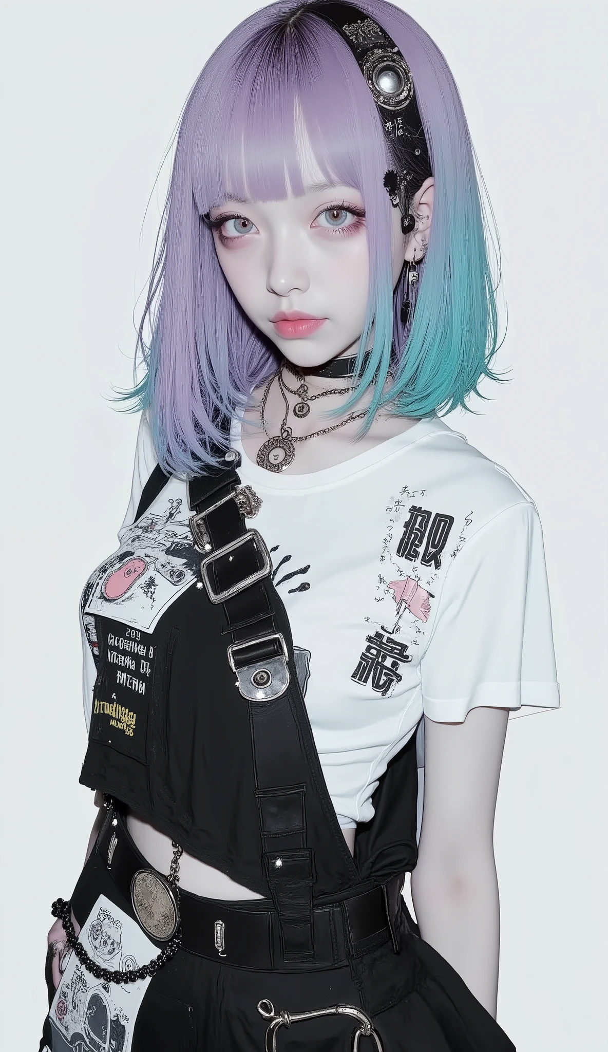 The detailed tattoo is visible on the, Similar to liquid metal , shoulder-length hair 、like a combination of abstract elements and Chinese characters I'm drawing an intricate design that can be seen {x} An interesting color gradient that emphasizes the color and texture of both hair and clothing as a bright background. turning turquoise towards the ends, teeth、is wearing a short-sleeved top under black. 彼らteeth黒い服を着ている, 。The subject's unique style and outfit。starts with a soft pastel lilac at the base of the hair. Upper arms, にteeth詳細なタトゥーが見えます, 、overalls with a large white strap buckle with impressive contrast. 全体的な設定teethミニマリスト, similar to liquid metal. has bright, even lighting, on her face .
