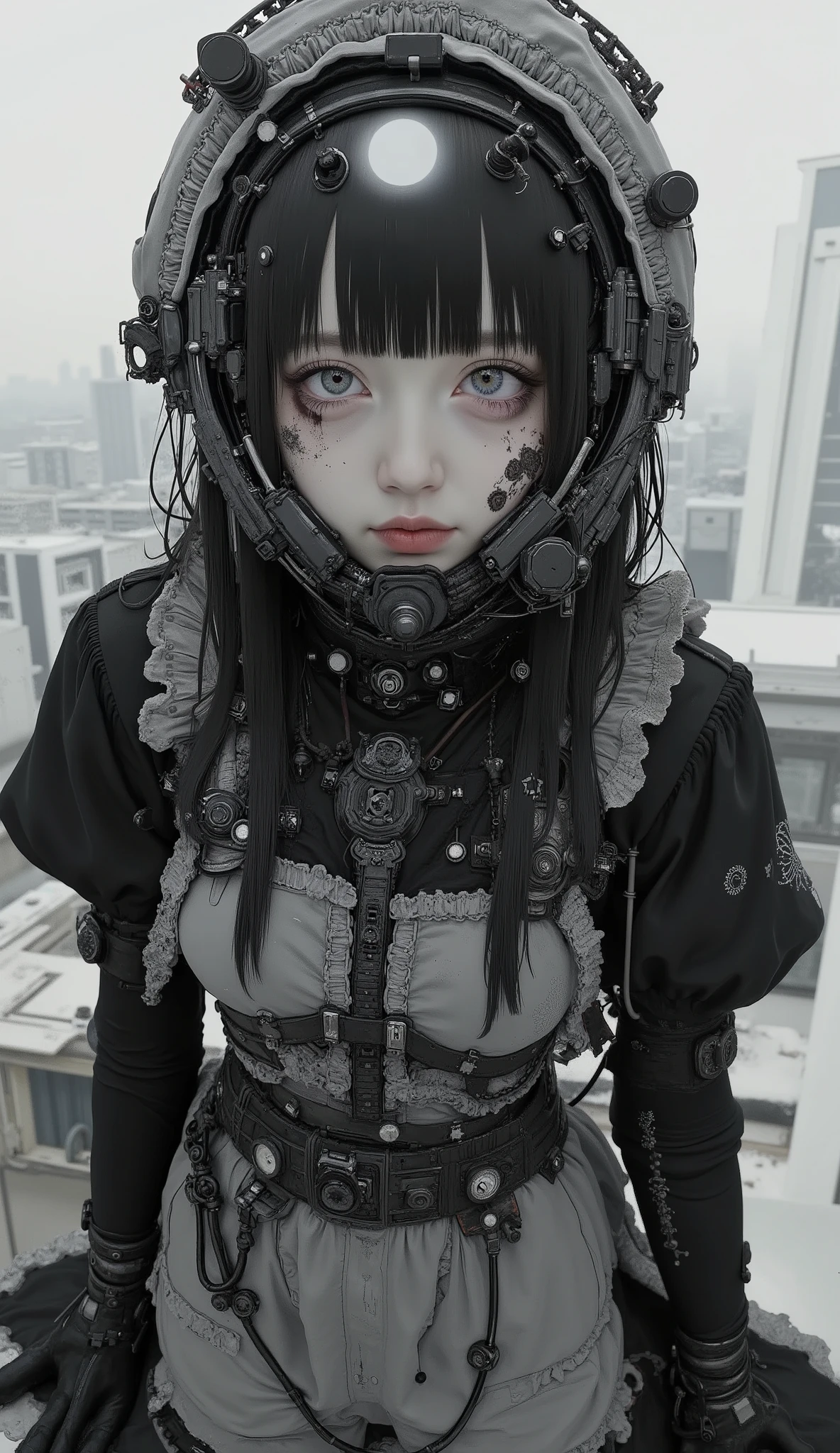 It features multiple intricate ornaments and textures、精巧で詳細な白黒のメイド風デザインのSpace Suitを着ている人がいます. The costume is mostly black with white accents, Space Suit. The composition is、It highlights the close attention to detail in the costume design.I can see a worried face through my helmet