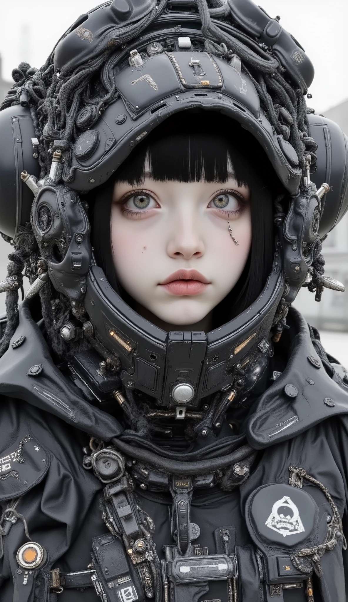 It features multiple intricate ornaments and textures、精巧で詳細な白黒のメイド風デザインのSpace Suitを着ている人がいます. The costume is mostly black with white accents, Space Suit. The composition is、It highlights the close attention to detail in the costume design.I can see a worried face through my helmet