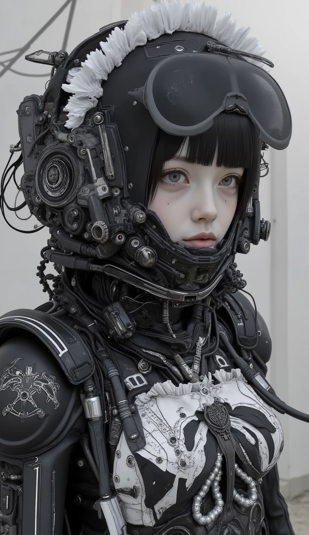 It features multiple intricate ornaments and textures、精巧で詳細な白黒のメイド風デザインのSpace Suitを着ている人がいます. The costume is mostly black with white accents, Space Suit. The composition is、It highlights the close attention to detail in the costume design.I can see a worried face through my helmet