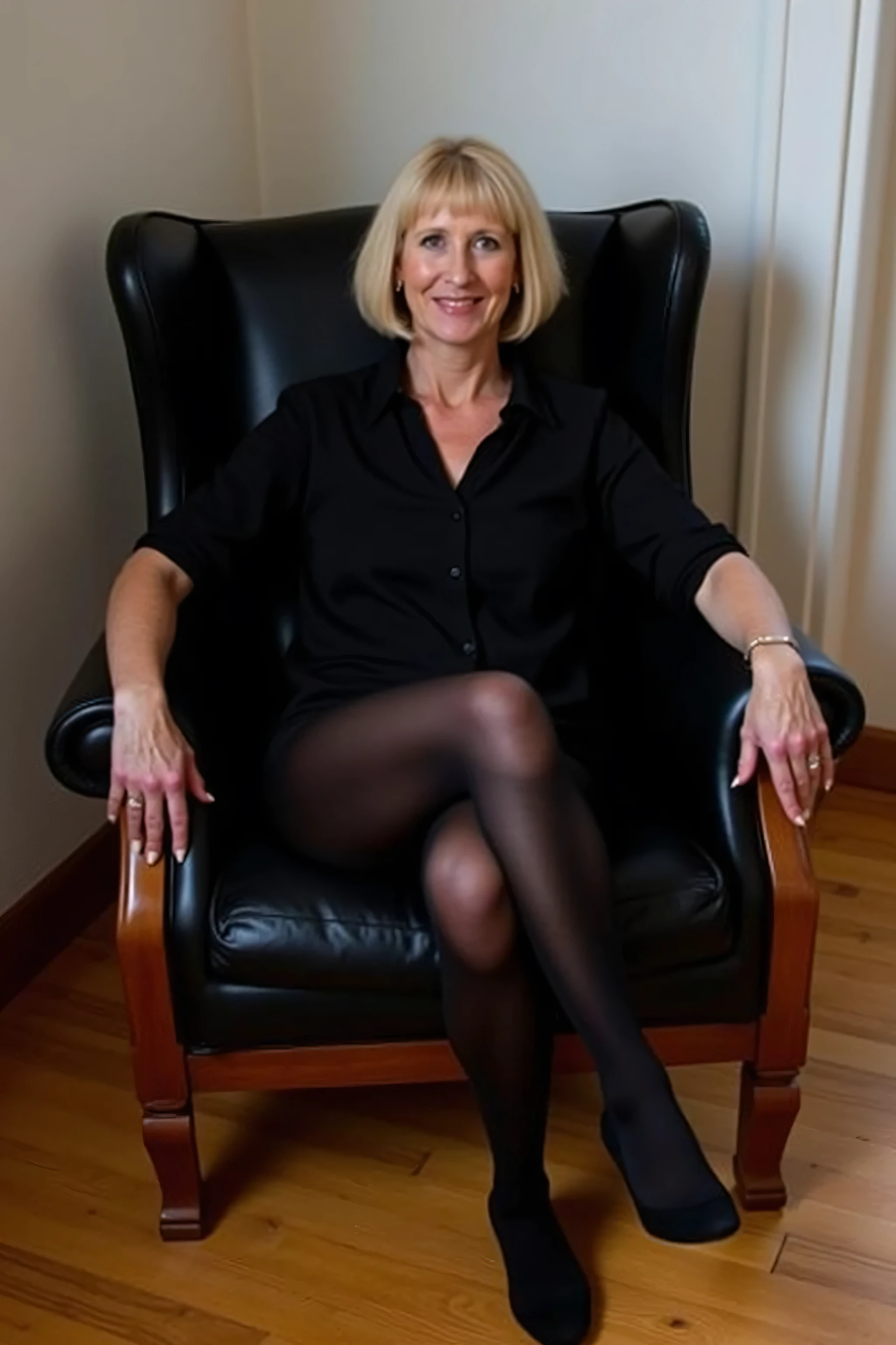 A middle-aged woman with blonde hair styled in a bob cut, wearing a black blouse and black tights, is sitting on a black leather chair with a wooden frame. She is positioned in the center of the frame, with her legs crossed and her hands resting on the armrests. The scene is indoors, featuring a wooden floor and white walls. The lighting is soft and natural, creating a warm and elegant atmosphere. The woman is looking directly at the camera with a confident and relaxed expression. The style of the image is photorealistic, capturing the details of the woman's attire and the texture of the chair.