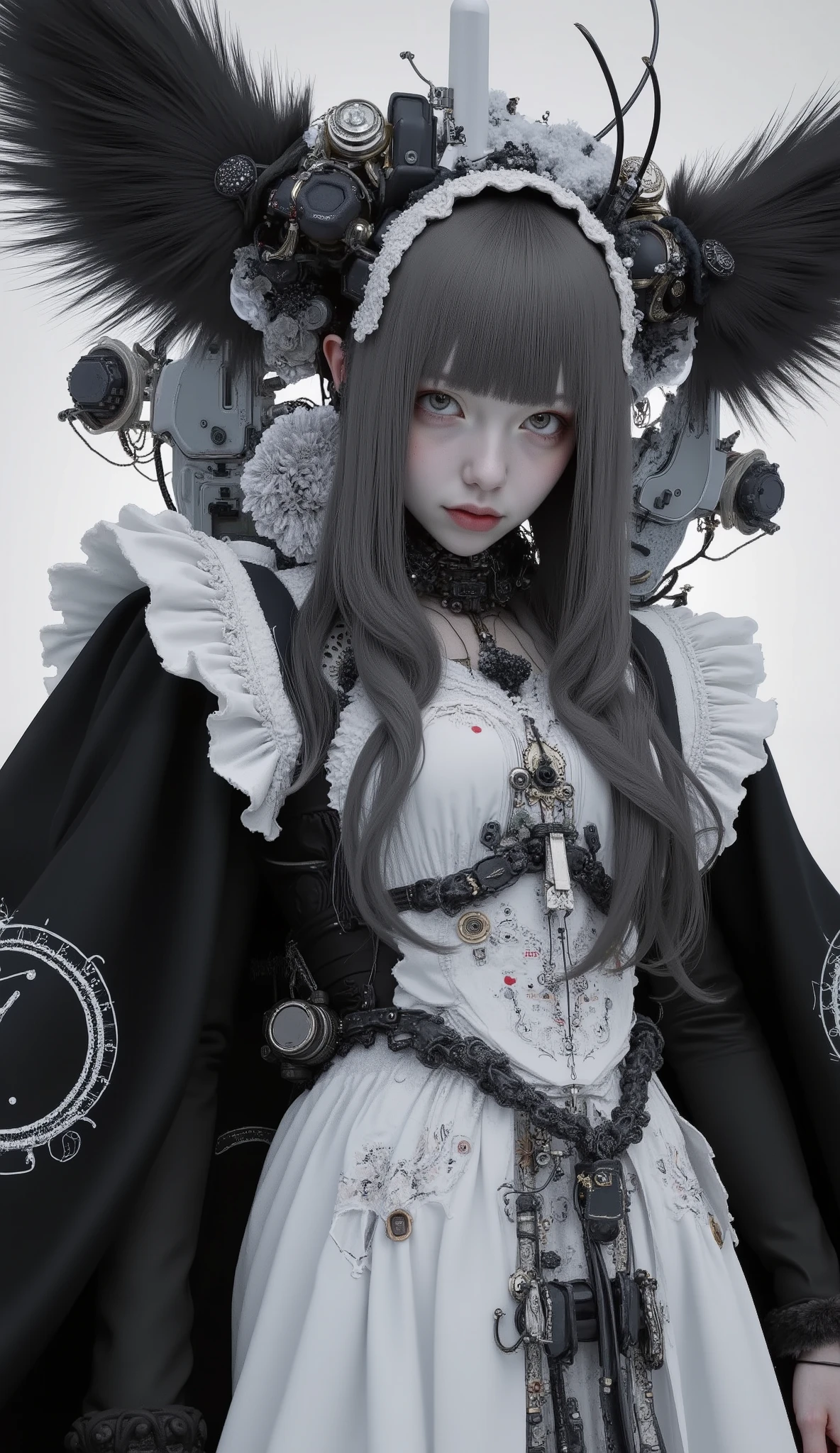 It features multiple intricate ornaments and textures、精巧で詳細な白黒のメイド風デザインのSpace Suitを着ている人がいます. The costume is mostly black with white accents, Space Suit. The composition is、It highlights the close attention to detail in the costume design.The black cloak is taking hold、steampunk、Space Opera、