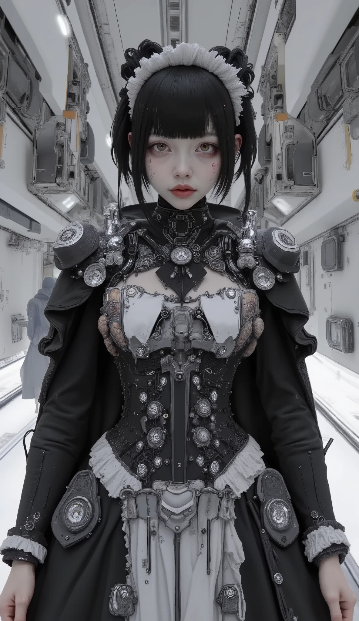 It features multiple intricate ornaments and textures、精巧で詳細な白黒のメイド風デザインのSpace Suitを着ている人がいます. The costume is mostly black with white accents, Space Suit. The composition is、It highlights the close attention to detail in the costume design.The black cloak is taking hold、steampunk、Space Opera、