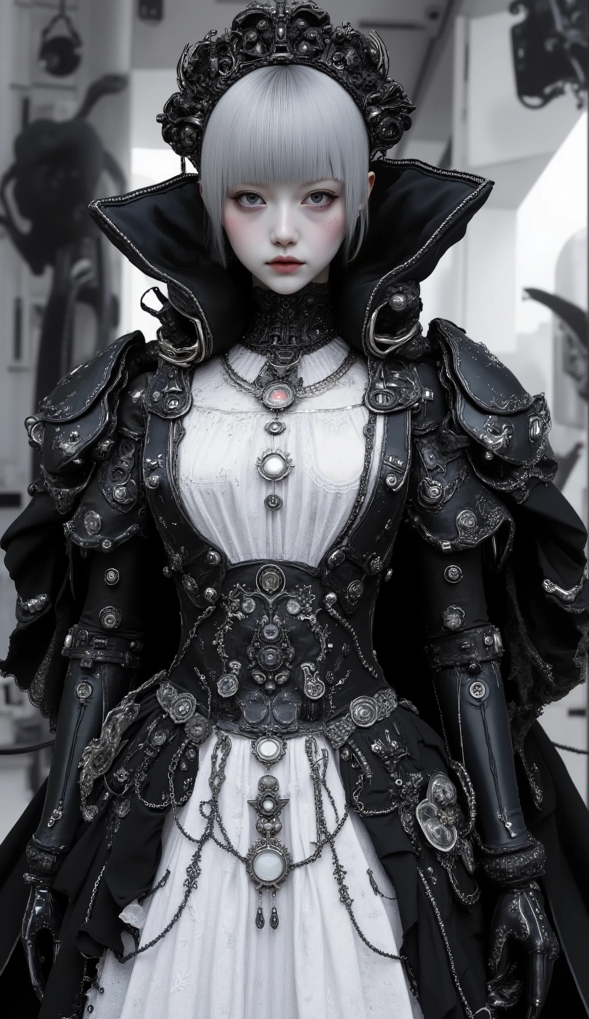It features multiple intricate ornaments and textures、精巧で詳細な白黒のメイド風デザインのSpace Suitを着ている人がいます. The costume is mostly black with white accents, Space Suit. The composition is、It highlights the close attention to detail in the costume design.The black cloak is taking hold、steampunk、Space Opera、