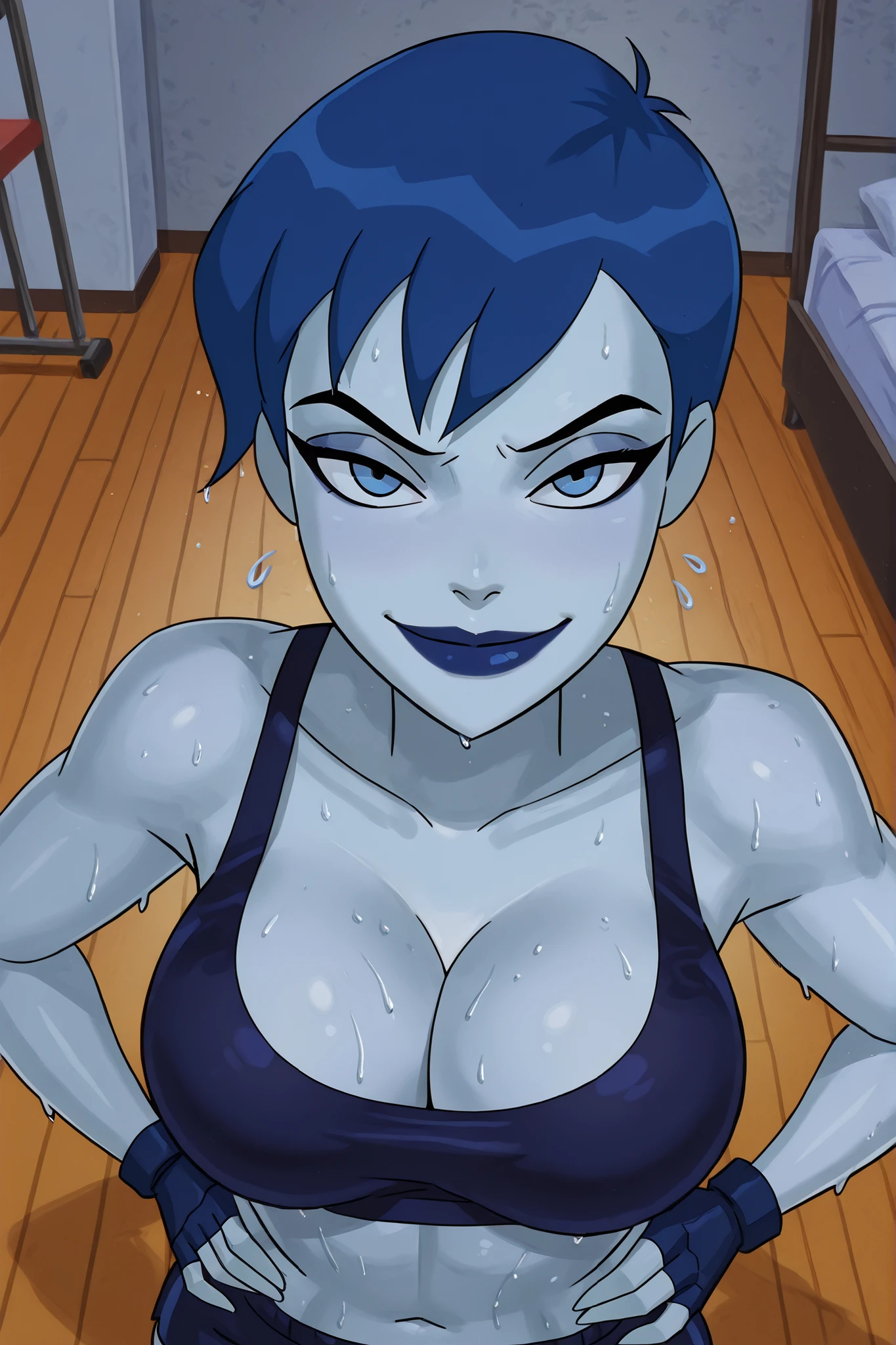 BREAK, score_6_up, score_7_up, score_8_up, score_9, su_frost, 1girl, solo, blue eyes, blue hair, blue lips, blue skin, colored skin, lipstick, makeup, short hair, masterpiece, best quality, large breasts, busty, cleavage, curvy, athletic, looking at viewer, seducing viewer, teasing viewer, seductive expression, smiling, closed mouth, bedroom eyes, dark blue sports bra, dark blue gym shorts, dark blue fingerless gloves, indoors, gym, standing, closeup, portrait, upper body, high-angle view, dark blue eyeshadow, hands on waist, sweaty, sweat drops