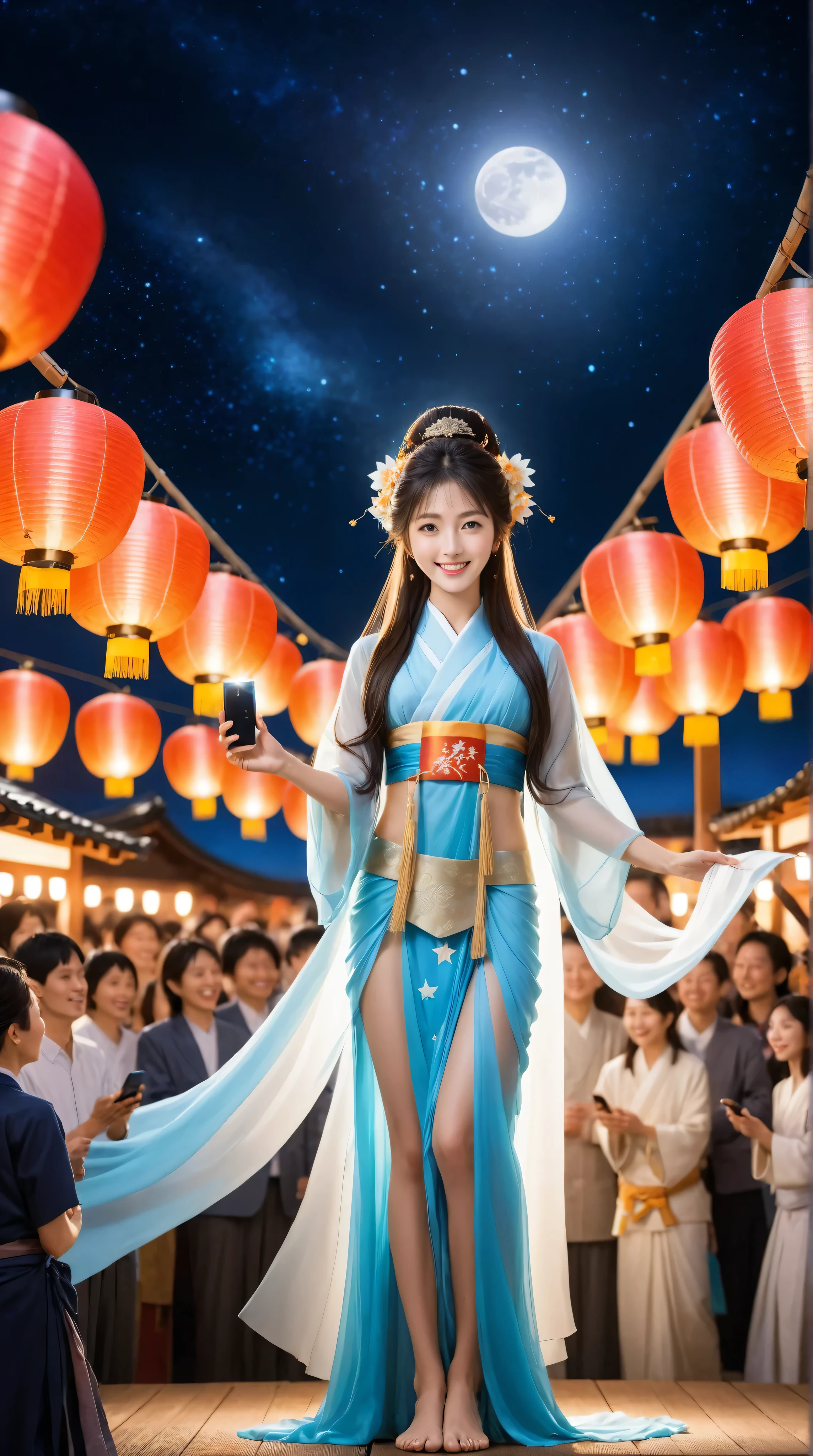 A Japanese autumn festival at night , with lanterns and a lively crowd in the background. At the center , on top of tall wooden festival stage decorated with glowing lanterns , stands a beautiful goddess idol . She is the clear focus of the scene , full body visible , holding a microphone , singing joyfully with a radiant smile . Her long flowing hair and elegant outfit flutter slightly as she performs under the night sky . The worshippers below are cheering , raising their hands , some taking photos with smartphones , but they appear more as background atmosphere . The goddess is highlighted with soft stage lighting , glowing like the star of the festival . Realistic yet slightly magical , vivid details , dynamic composition .