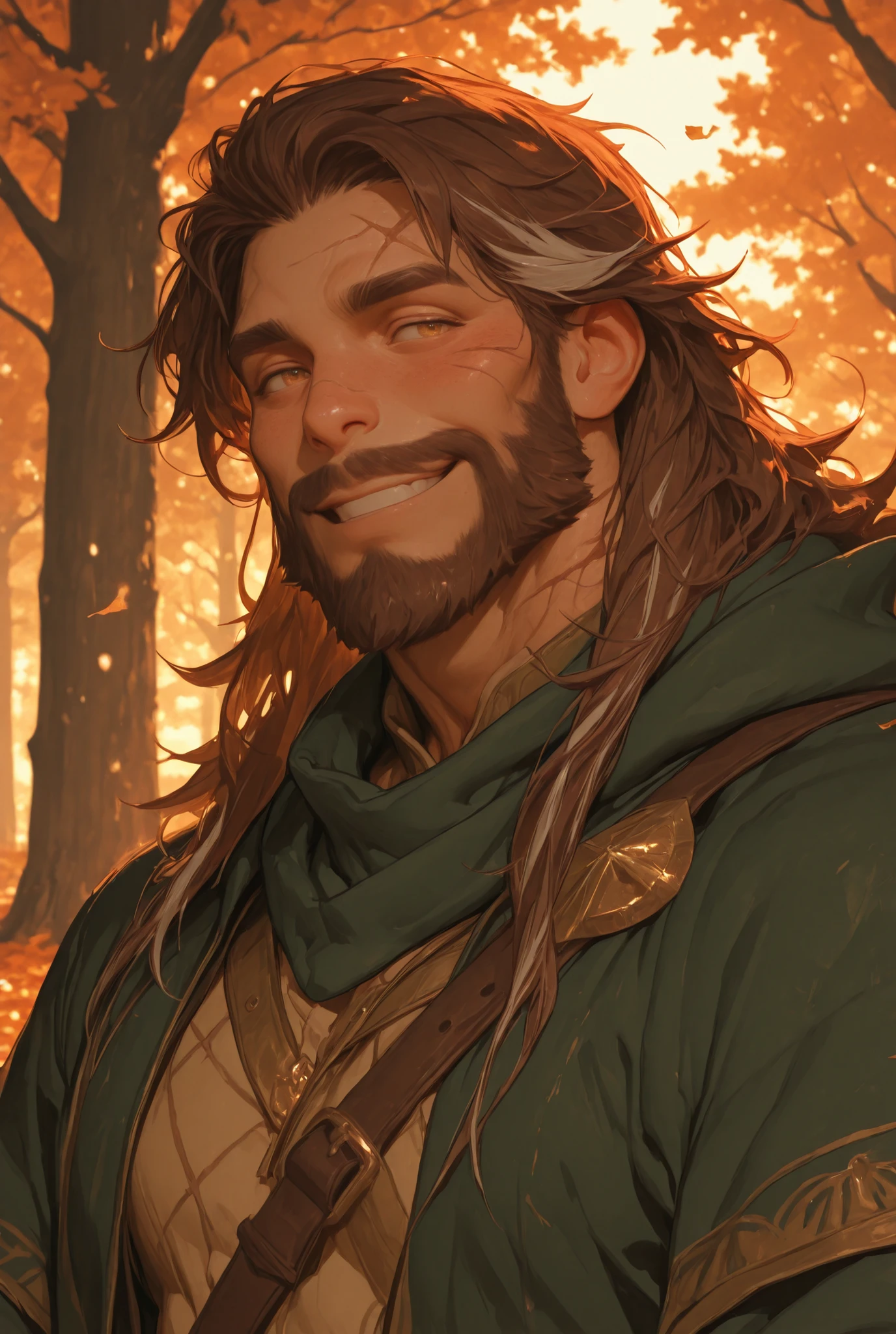 **Gender:** Male. **Age:** 36. **Height & Build:** Towering at 2.05 m (6 ft 9 in); broad-shouldered, powerfully built but with a gentleness in his movements. **Hair:** Thick, long-ish chestnut hair, streaked lighter by the sun, tied with a golden clasp. **Eyes:** Deep amber with flecks of green. **Skin:** Sun-warmed, freckled, faint scars across arms and chest from campaigns. **Face:** Angular jawline with a warm smile, fuller cheeks, faint laugh-lines around the eyes, full beard. **Attire:** Green medieval surcoat. **Lighting:** Warm, golden summer lighting, character facing the light. **Setting:** Outdoors, autumn, trees.