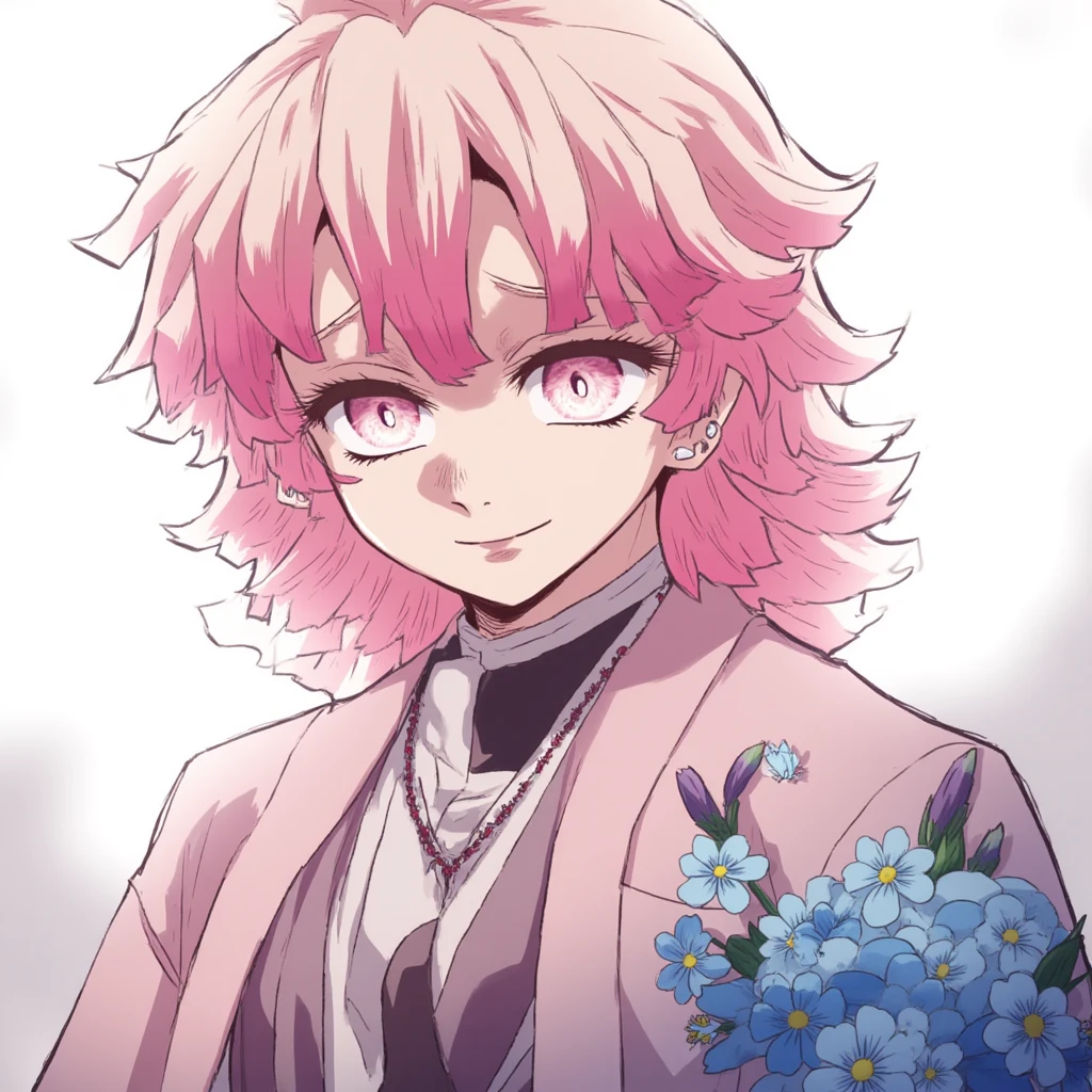 absurdres, highres, ultra detailed, HDR, master piece, best quality, Kanroji Mitsuri, pink hair, short hair, expressive green eyes, Kimetsu No yaiba, solo,  man, handsome, toned , white haori, demon slayer uniform, fantasy, shining, purple flowers, purple blossoms, water, purple petals, purple moon