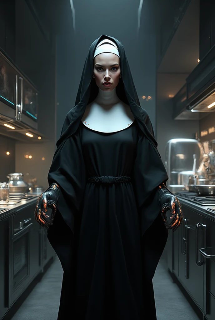 ral-opal, meahophontron, full body, woman robot face, devil nun, , looking at camera, body nun clothes, red eyes, primer plano looking at camera, realist, beautifull woman