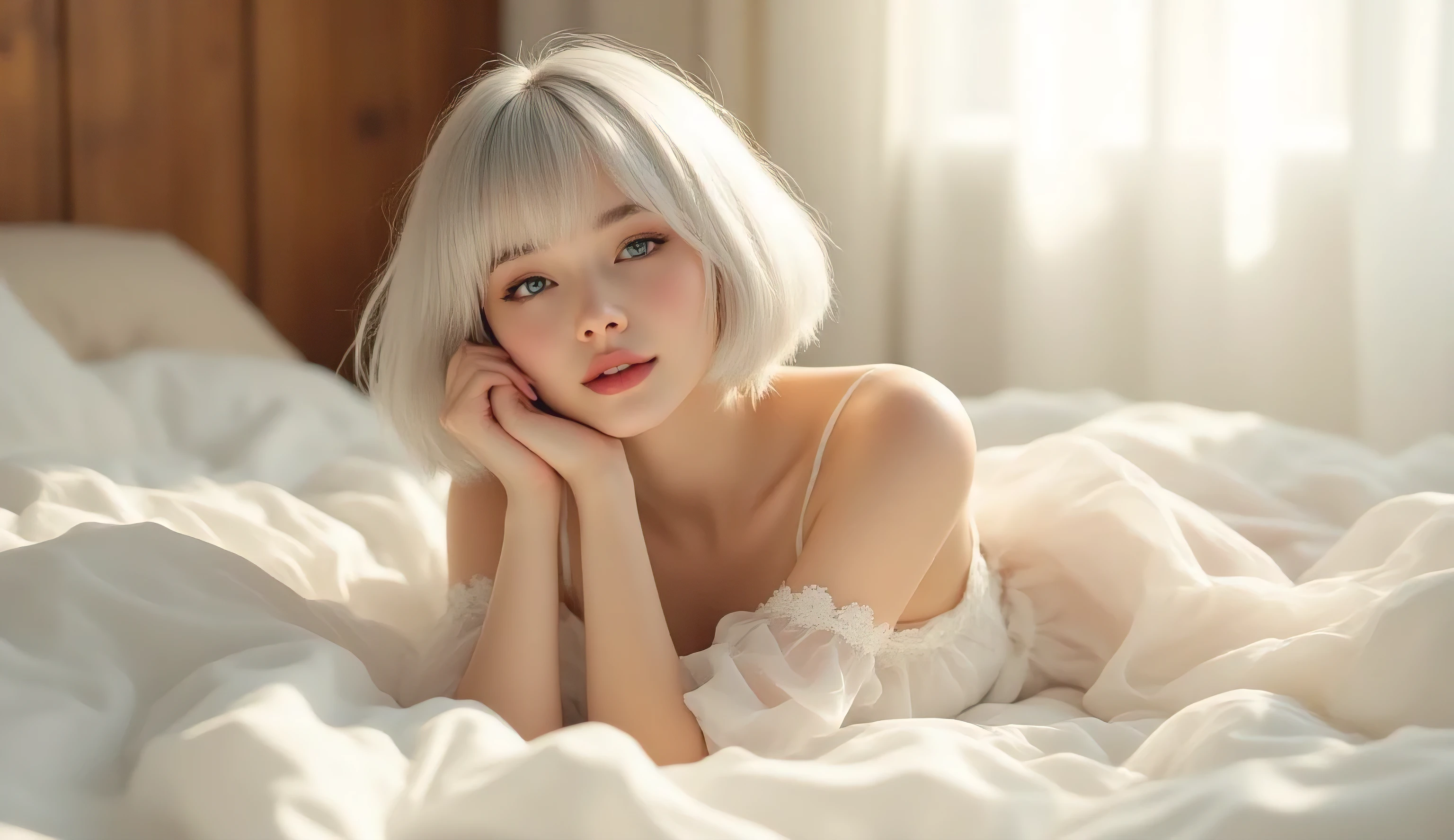 (masterpiece, ultra-detailed, photorealistic, cinematic lighting),
Sally, short fluffy silver-white bob hair,
(porcelain smooth skin, delicate ceramic glow, subtle highlights, lifelike doll-like beauty),
lying playfully on a white bed, gentle morning sunlight from window,
soft elegant smile, faint blush on cheeks,
wearing a soft off-shoulder chiffon dress with thin straps,
background: cozy bedroom with wooden wall and white curtains,
(relaxing pose, natural resting hands, perfect fingers, delicate hands, no deformation, cozy atmosphere, cheerful mood)
