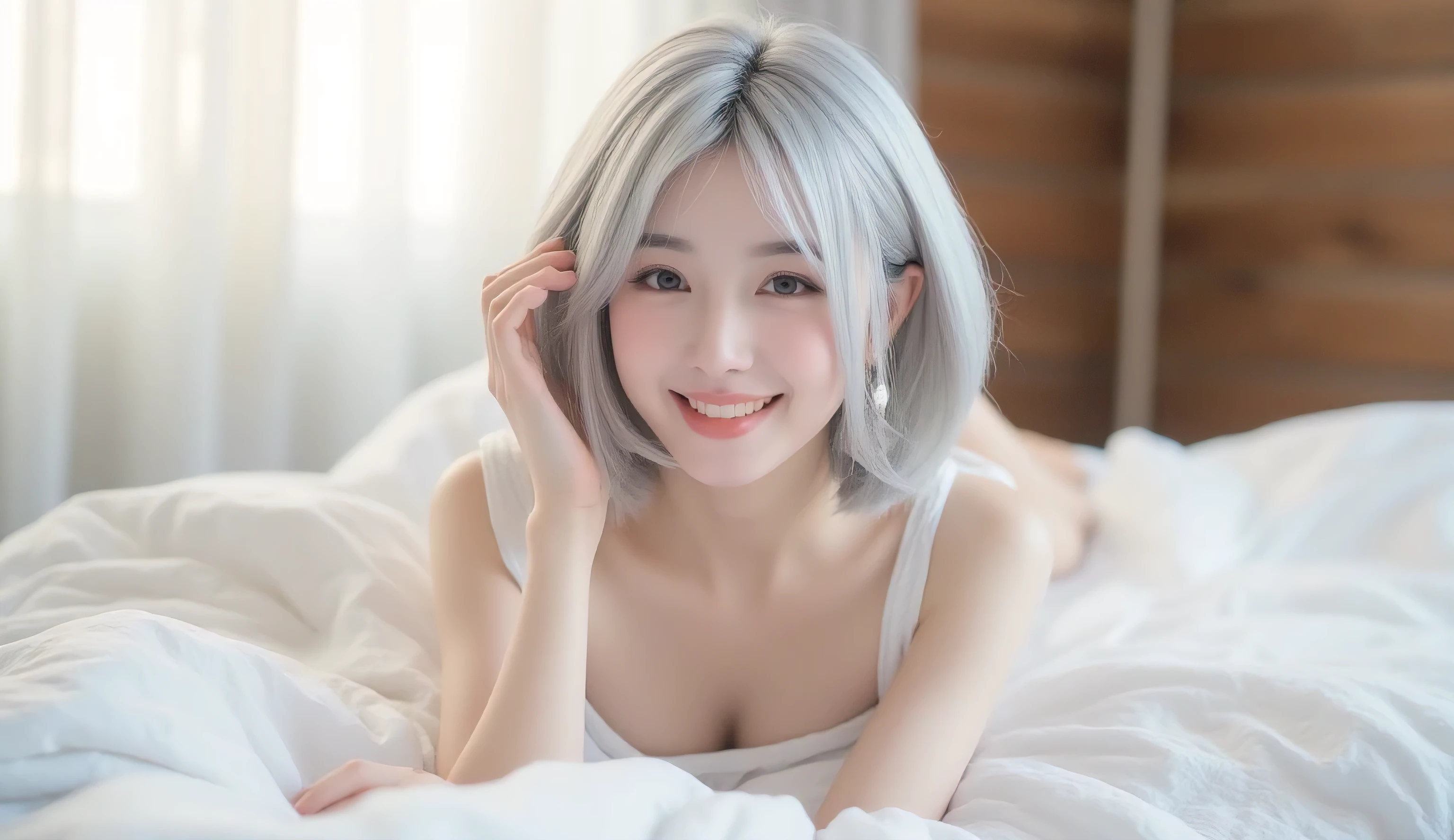 (masterpiece, ultra-detailed, photorealistic, cinematic lighting),  
Sally, short fluffy silver-white bob hair,  
(porcelain smooth skin, delicate ceramic glow, subtle highlights, lifelike doll-like beauty),  
lying playfully on a white bed, gentle morning sunlight from window,  
soft elegant smile, faint blush on cheeks,  
wearing a soft off-shoulder chiffon dress with thin straps,  
background: cozy bedroom with wooden wall and white curtains,  
(relaxing pose, natural resting hands, perfect fingers, delicate hands, no deformation, cozy atmosphere, cheerful mood)
