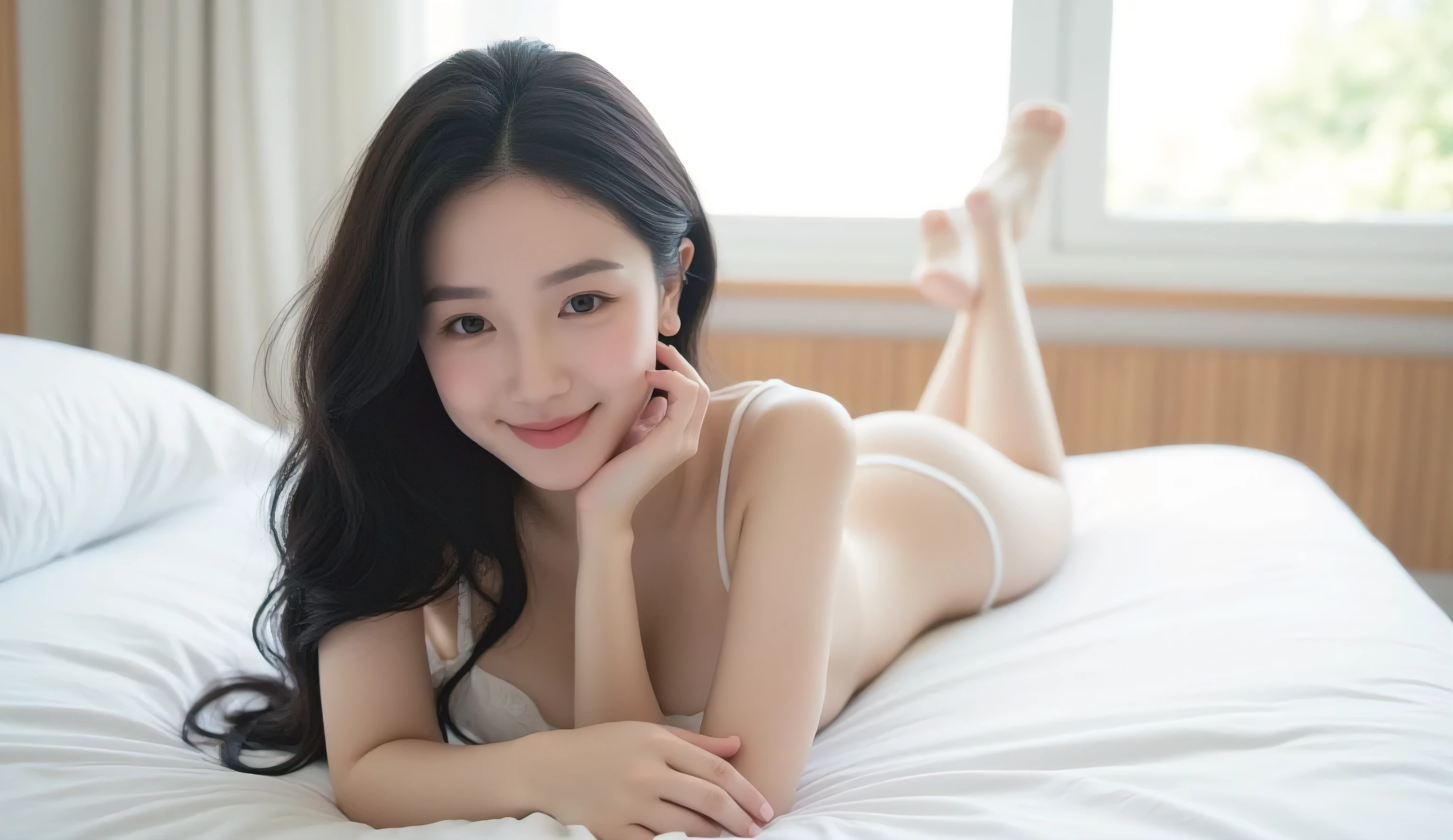 (masterpiece, ultra-detailed, photorealistic, cinematic lighting),
a beautiful young woman with long dark hair,
lying playfully on a white bed, soft morning sunlight from the window,
smiling warmly, gentle blush on cheeks,
wearing delicate light sleepwear with thin straps,
bright and cozy atmosphere, soft focus background curtains and wooden wall,
(relaxing indoor scene, cheerful mood, cozy bedroom ambiance)
