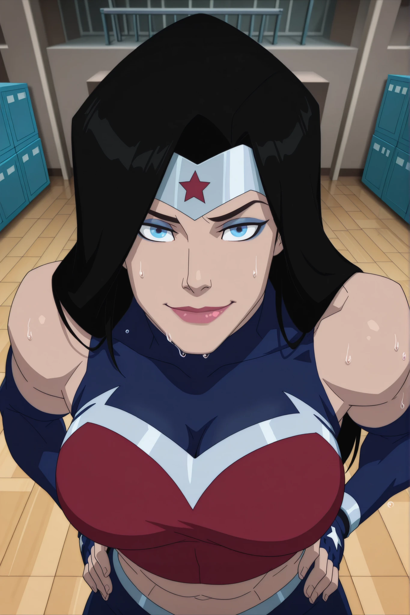 BREAK, score_6_up, score_7_up, score_8_up, score_9, 1girl, solo, long hair, blue eyes, black hair, bare shoulders, blue eyes, muscular female, midriff, bare shoulders, lipstick, makeup, wwBl00d, large breasts, busty, cleavage, curvy, athletic, looking at viewer, seducing viewer, teasing viewer, seductive expression, smiling, closed mouth, bedroom eyes, red sports bra, blue gym shorts, blue fingerless gloves, indoors, gym, standing, closeup, portrait, upper body, high-angle view, blue eyeshadow, hands on waist, sweaty, sweat drops