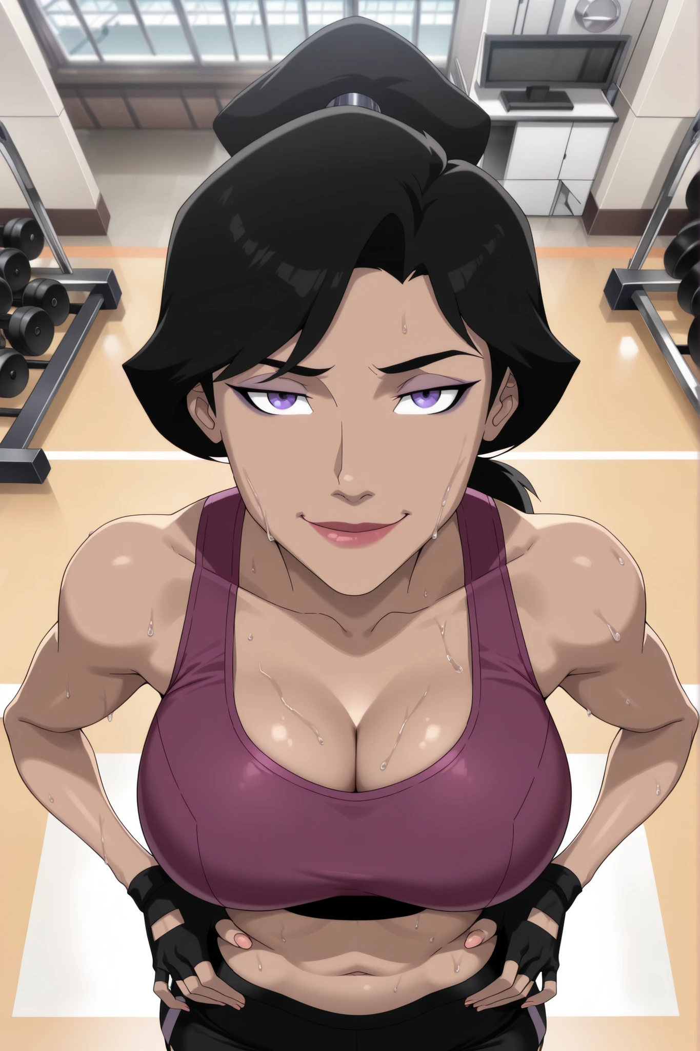 ((parody), perfect anatomy, perfect eyes) BREAK lois lane, black hair, ponytail, purple eyes, lipstick, makeup, ((looking at viewer)), large breasts, busty, cleavage, curvy, athletic, purple sports bra, black gym shorts, black fingerless gloves, teasing viewer, seducing viewer, gym, indoors, standing, closeup, portrait, smiling, seductive expression, bedroom eyes, upper body, portrait, closeup, high-angle view, dark purple eyeshadow, hands on waist, sweaty, sweat drops