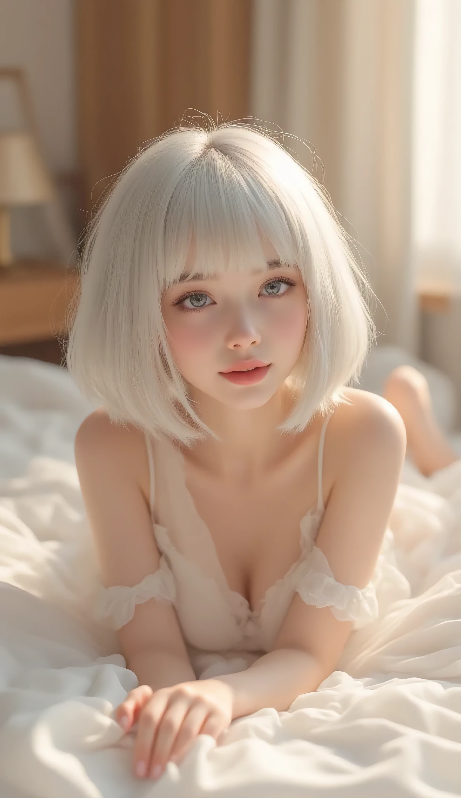 (masterpiece, ultra-detailed, photorealistic, cinematic lighting),
Sally, short fluffy silver-white bob hair,
(porcelain smooth skin, delicate ceramic glow, subtle highlights, lifelike doll-like beauty),
lying playfully on a white bed, gentle morning sunlight from window,
soft elegant smile, faint blush on cheeks,
wearing a soft off-shoulder chiffon dress with thin straps,
background: cozy bedroom with wooden wall and white curtains,
(relaxing pose, natural resting hands, perfect fingers, delicate hands, no deformation, cozy atmosphere, cheerful mood)