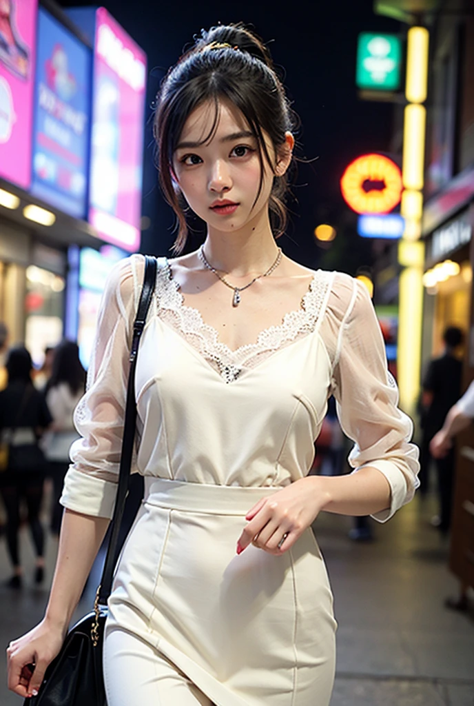 Master masterpieces，high detail，8K resolution，ultra high resolution，24 year old beautiful and sexy woman，long black hair，long hair fluttering，Microvolumes，best picture quality，realism, exquisite necklace，Dewy and fair skin， A delicate and beautiful girl，big watery eyes，long eyelashes，Contact lenses，Sweet eyes，Gentle and cute，Exquisite  features，perfect face，long fingers，Detailed portrayal of the face，sweet smile，double eyelids，There are lying silkworms，Pink lips，Half of the clothes are ，thin waist，long legs，S-shaped sexy woman，Delicate figure，clavicle，（White sheer tulle skirt），black stockings，High heel，Fold your arms with both hands，full-body shot，dynamic angle，Facing the viewer，street view，Beautiful street photos，Vision，panoramic