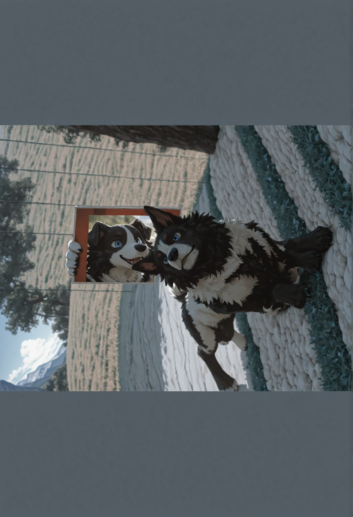 the best quality, incredible quality, muy estético, extremely high resolution, hires, newest, by Dr.._dairy, male hairy, hairy, a boy, Alone, Dog boy , border collie, blue eyes, happy, Dutch angle, field, mountains, detailed background, photo polaroid,