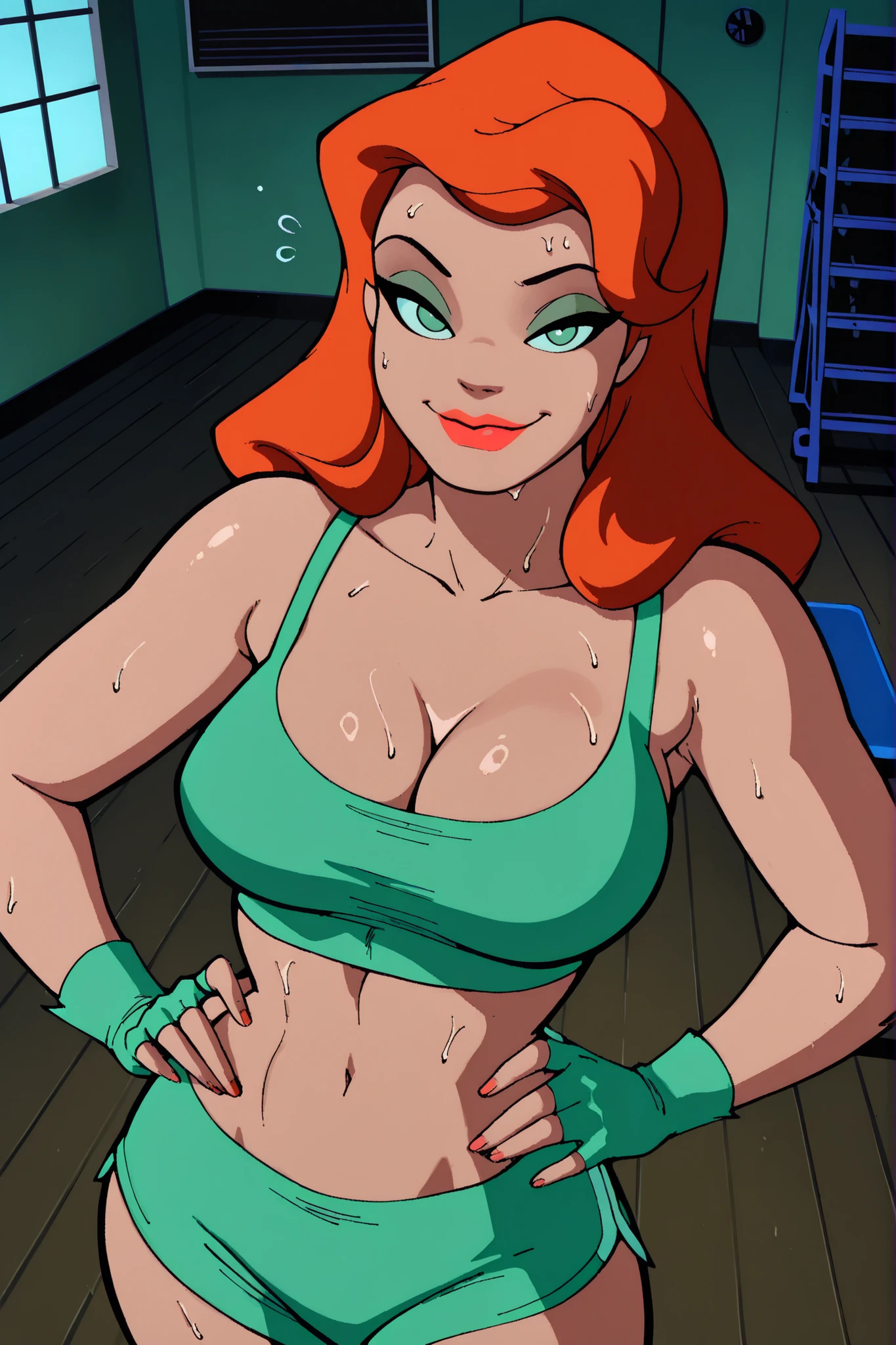 BREAK, score_6_up, score_7_up, score_8_up, score_9, Pamela Isley, 1girl, solo, orange hair, green eyes, lipstick, makeup, large breasts, cleavage, curvy, athletic, busty, masterpiece, best quality, newest, absurdres, ultra highres, amazing quality, very aesthetic, looking at viewer, seductive expression, bedroom eyes, smiling, closed mouth, seducing viewer, teasing viewer, green sports bra, green gym shorts, green fingerless gloves, indoors, gym, standing, closeup, portrait, upper body, high-angle view, dark green eyeshadow, hands on waist, sweaty, sweat drops