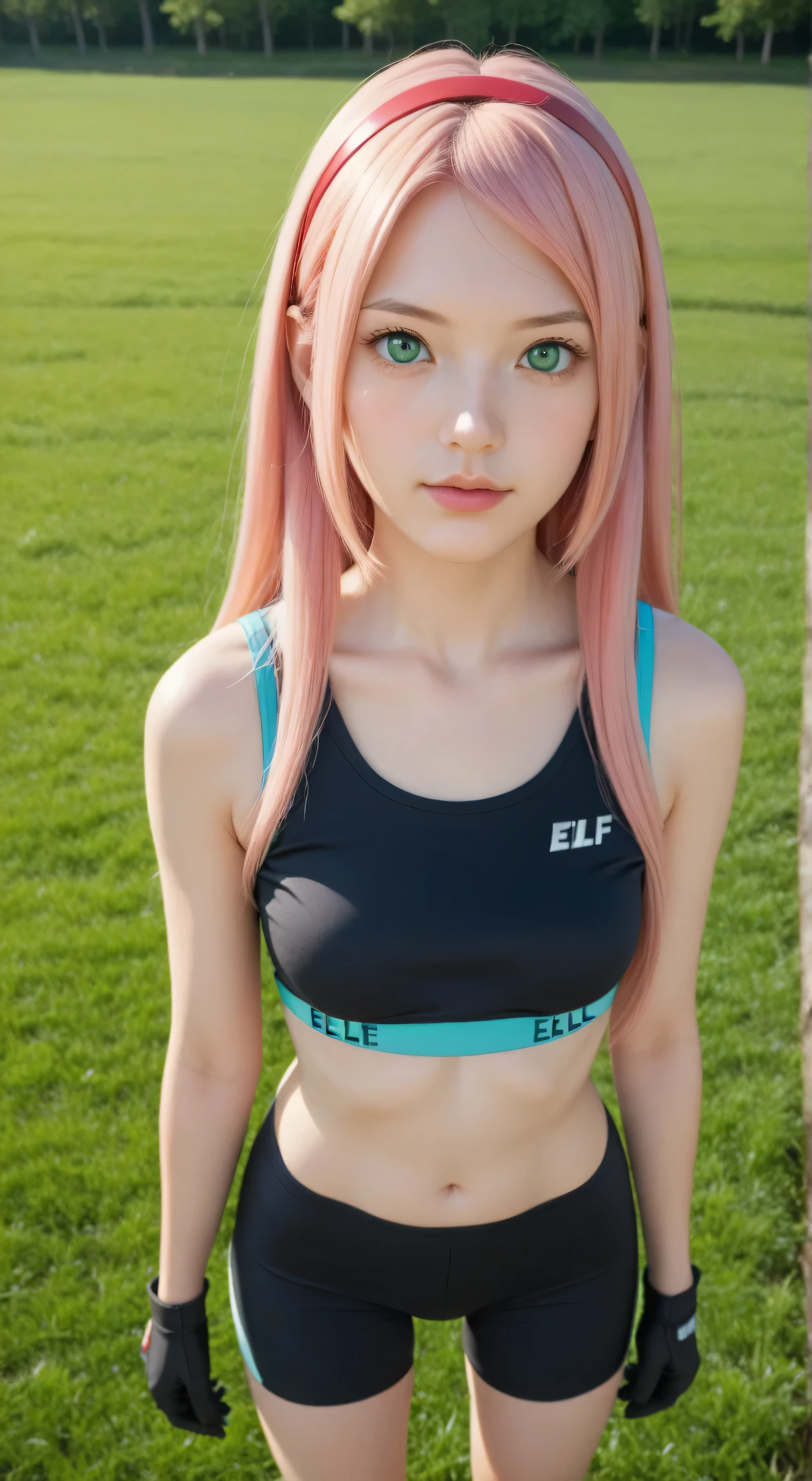 1girl, solo,haruno sakura,emerald eyes,pink hair,(long hair:1.5),outdoors,potrait,small breast,nature, standing on grass field,sidelocks,red sunset,looking at viewer, front view,close up,black glove,(eilf grass background:1.5),(wear sports bra:1.5),bike shorts,navel