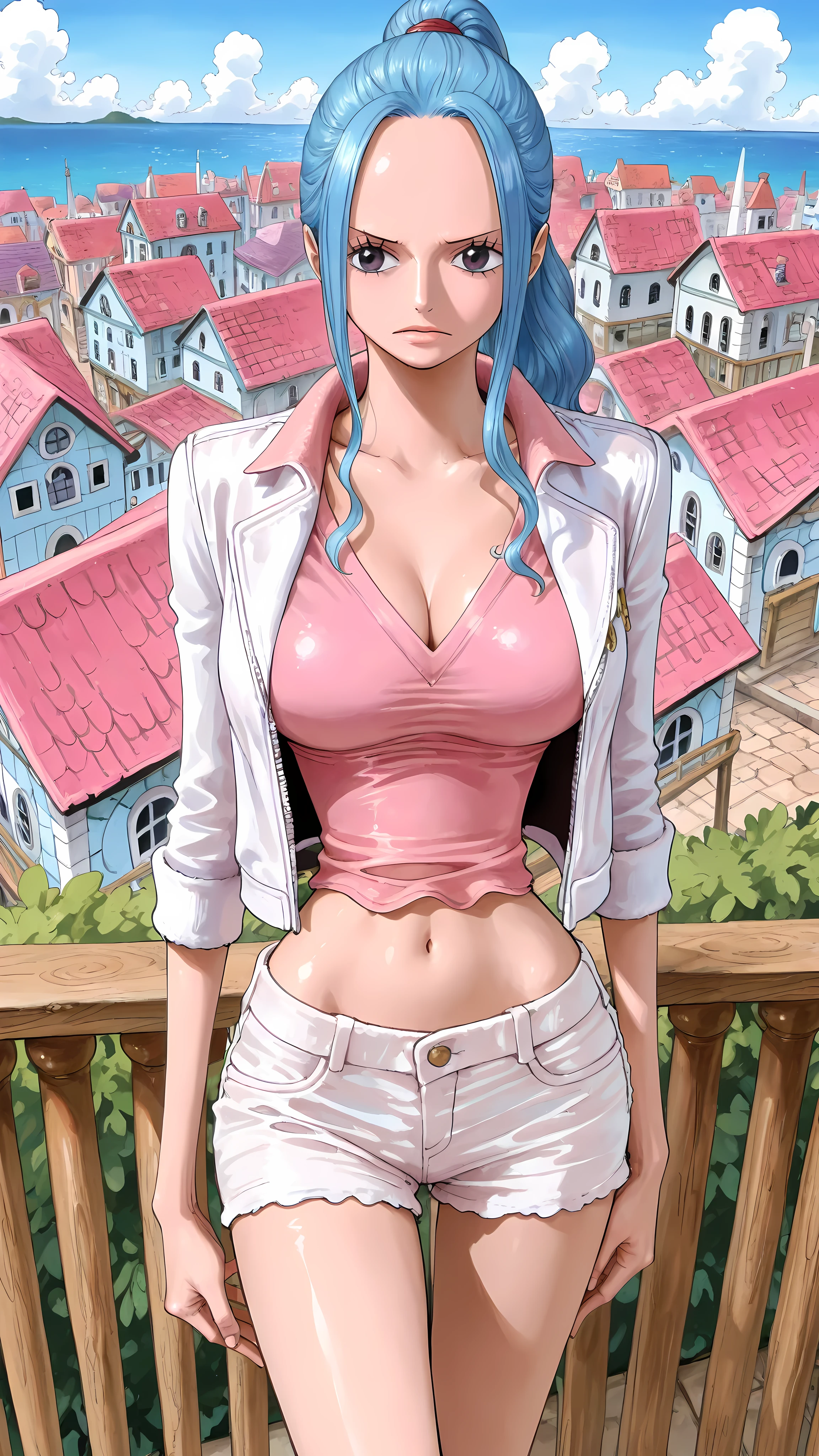 (masterpiece,best quality:1.2,amazing quality,very aesthetic, absurdres, newest), (full coloring), official style,(Nefertari Vivi ,one piece),1girl,solo,(skinny:1.2), medium breasts,ponytail,white jacket,collared jacket,pink shirt,V-neck,midriff,white shorts,standing,town,