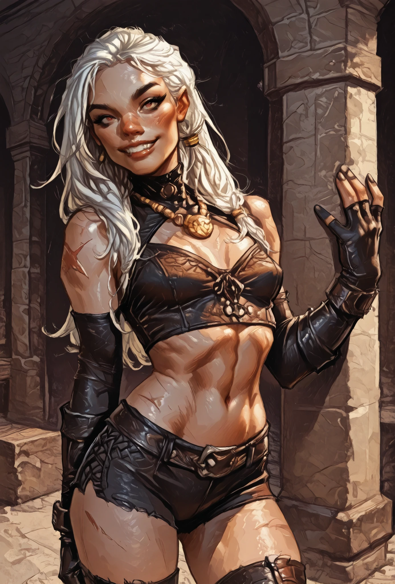 She looks like Elena from Street Fighter and has a horizontal scar across her nose. Inca girl with white and dark dreadlocks and ponytail, deep red-coloured eyes, slanted Asian eyes, small sharp canine teeth, black eyeliner, athletic body and soft abs. Slender and athletic. Cute, round and young face. White highlights in her hair. She wears black, leather top and hotpants with lacing with snakeskin-pattern and black gloves. She also wears an amber necklace. She has small breasts. She has a small smile on her face, lips pressed together. Atmospheric lighting. Looking at the viewer. Background: Spanish medieval town, hdr colours, semi-realistic, oil painting