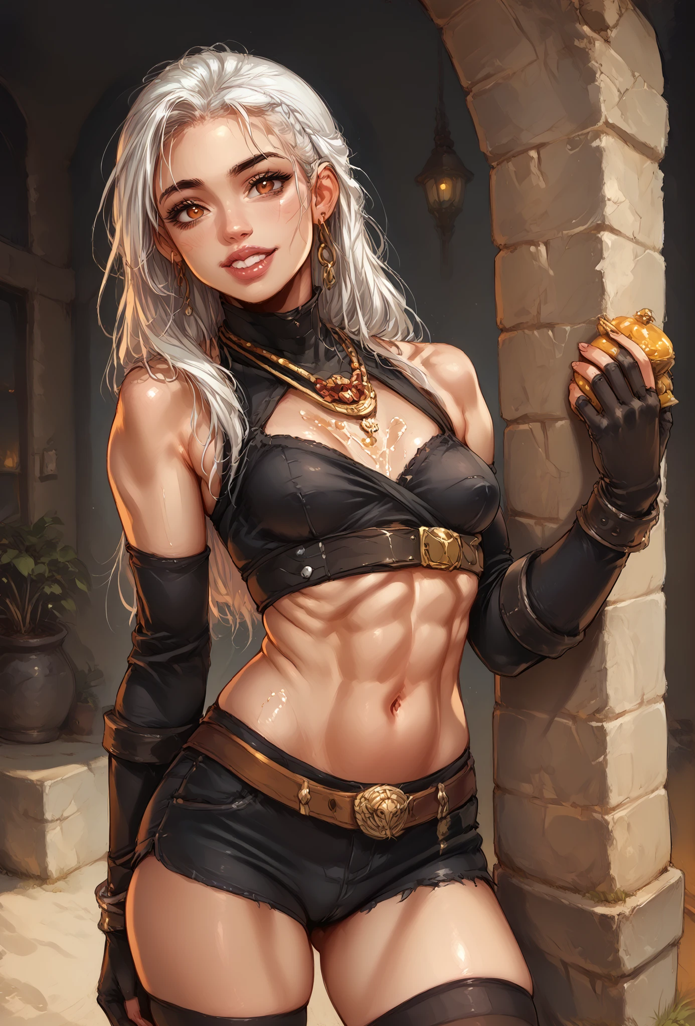 She looks like Elena from Street Fighter and has a horizontal scar across her nose. Inca girl with white and dark dreadlocks and ponytail, deep red-coloured eyes, slanted Asian eyes, small sharp canine teeth, black eyeliner, athletic body and soft abs. Slender and athletic. Cute, round and young face. White highlights in her hair. She wears black, leather top and hotpants with lacing with snakeskin-pattern and black gloves. She also wears an amber necklace. She has small breasts. She has a small smile on her face, lips pressed together. Atmospheric lighting. Looking at the viewer. Background: Spanish medieval town, hdr colours, semi-realistic, oil painting