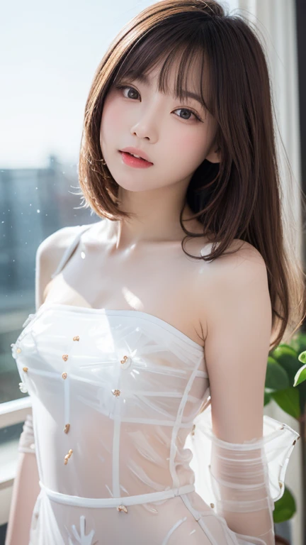 , 1 girl、super detailed face, laughter, (14 years old:1.3), black hair、long hair、big breasts, have cleavage、carvery, I can see your belly button、 (white  camisole, white tiny :1.5), greenhouse, with flowers in the background, surrounded by flowers