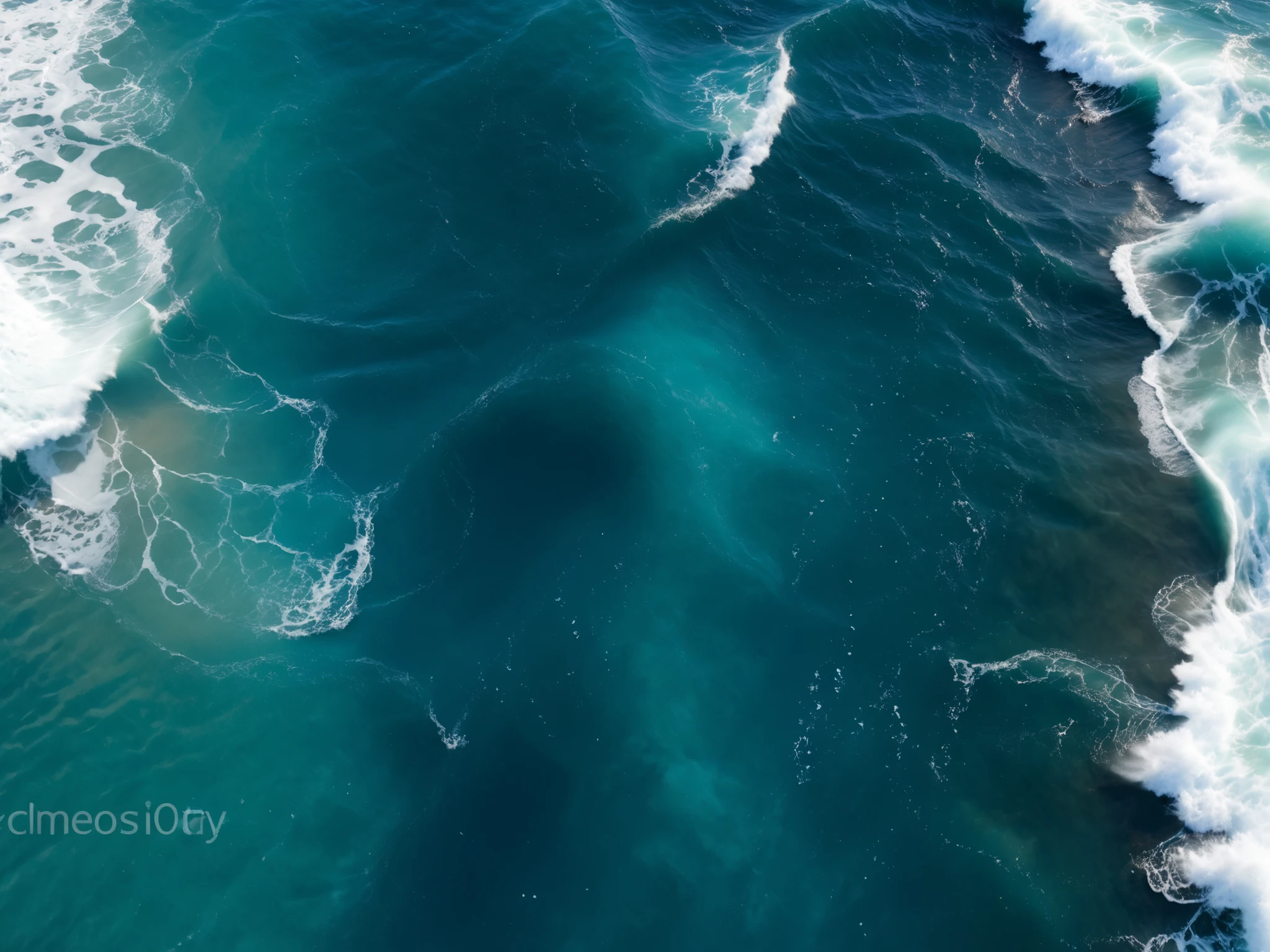 Aerial top-down view of the ocean surface, waves crashing, foamy white patterns on turquoise and deep blue water, highly detailed, photorealistic, cinematic, natural lighting, ultra high resolution, drone photography style