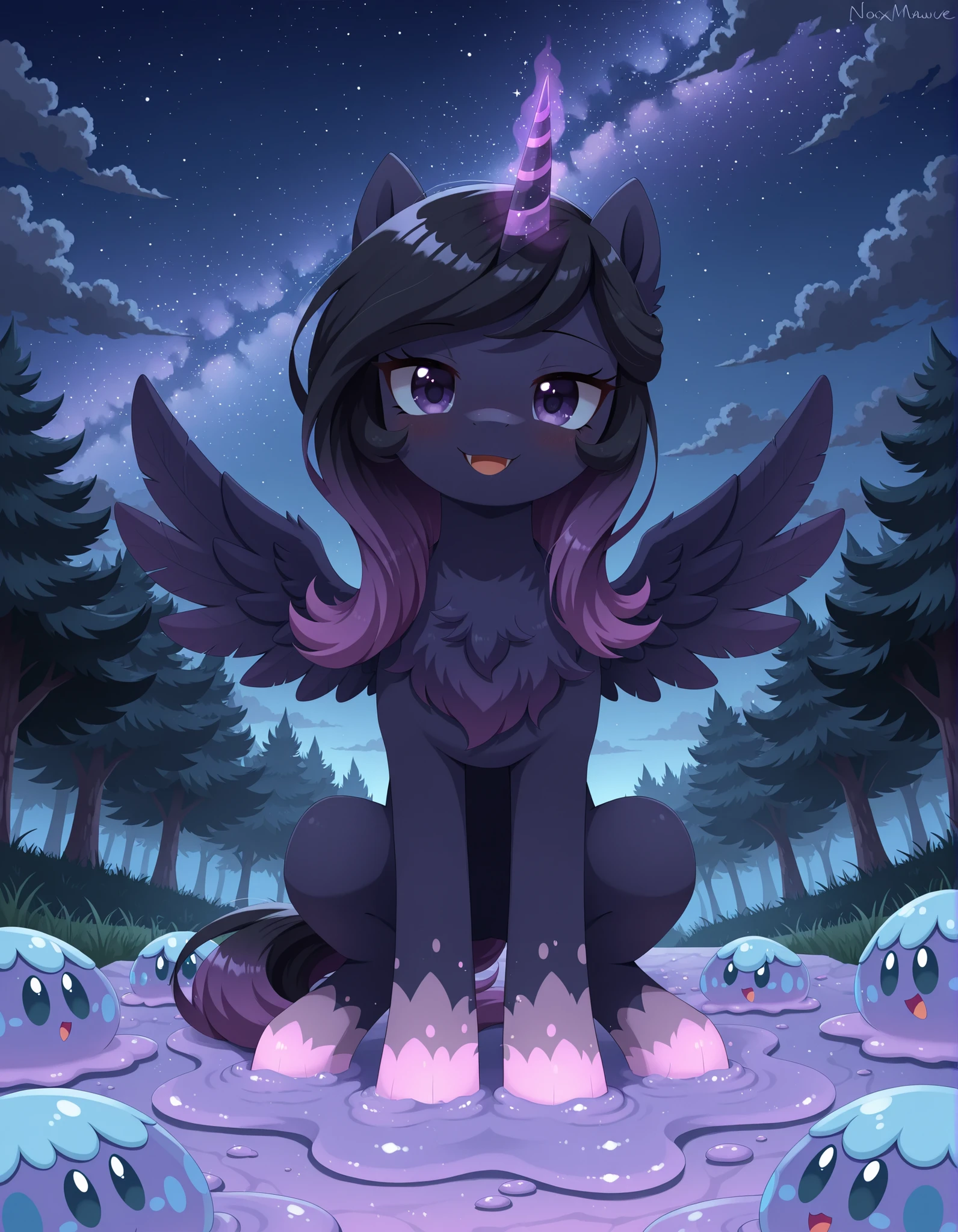 (Noxmauve:1.3),, masterpiece, best quality, amazing quality, very aesthetic, absurdres, fx, newest, ((detailed background)), 1girl, feral, feral pony, friendship is magic my little pony Character, night time, night, nighttime, solo,
{Purple body, purple skin, black hair, purple hair, gradient hair, purple eyes, alicorn, horn, wings},
female, pony, pony ears, (mlp), quadruped, equine, cute, short,
Outdoors, glowing horn, (purple slime monster),