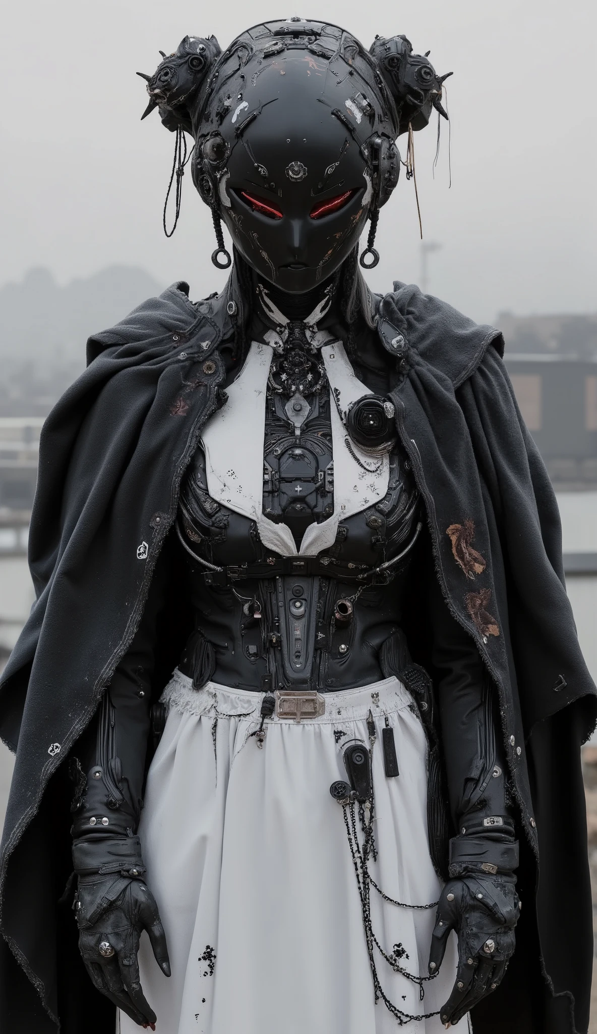 It features multiple intricate ornaments and textures、精巧で詳細な白黒のメイド風デザインのSpace Suitを着ている人がいます. The costume is mostly black with white accents, Space Suit. The composition is、It highlights the close attention to detail in the costume design.The black cloak is taking hold、steampunk、Space Opera、