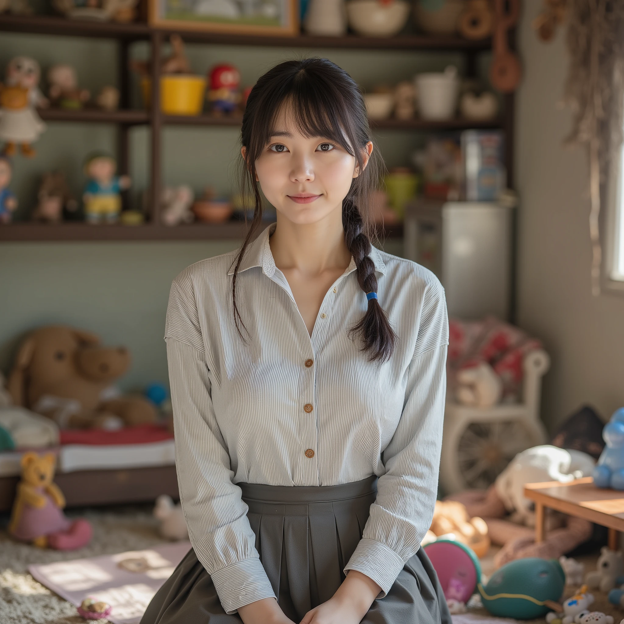 『1 Japanese Woman:1.3』『raw photo:1.3』Highest Quality:1.2、normal women who aren't beautiful、Country-smelling 、(Saggy Chest、narrow waist:1.2))、((35 year old woman))、without makeup『smiling showing teeth:1.2』、(((anatomically correct、perfect anatomy、anatomically correct指)))、Realistic, Highest Quality, Ultra High Definition, RAW photo, (thin waist:1.5)、Saggy Eyes、Round face outline、((cowboy shot:1.3))、Full Body、shows off、画角にFull Body、Show your feet、Long Shot、drawing composition、no missing hands and feet、(((nsfw)))、 close-up、 beautiful woman taking off plastic、cute、((Female caregiver))、Smile Yan、Extra Bob 、((Delicate Pictures)) 、 (Detailed RAW photo of a girl) 、 (table top:1.0 ) 、 ( Highest Quality:1.6 ) 、 ( Ultra High Definition: 1.5 ) 、 (real: 1.75 ) 、 8K resolution 、 absurd 、 Super Detailed 、 Movie Lights 、、 nursery school、Braided、((aprons:1.2 ) )、(bangs with hairstyles)、long sleeve t-shirt、((Colorful room :1 . 1))、((lots of toys:1 . ))、pleated skirt、((cute部屋))、((skirt flip:1 . 25))、((I can see printed pants:1 . 2))