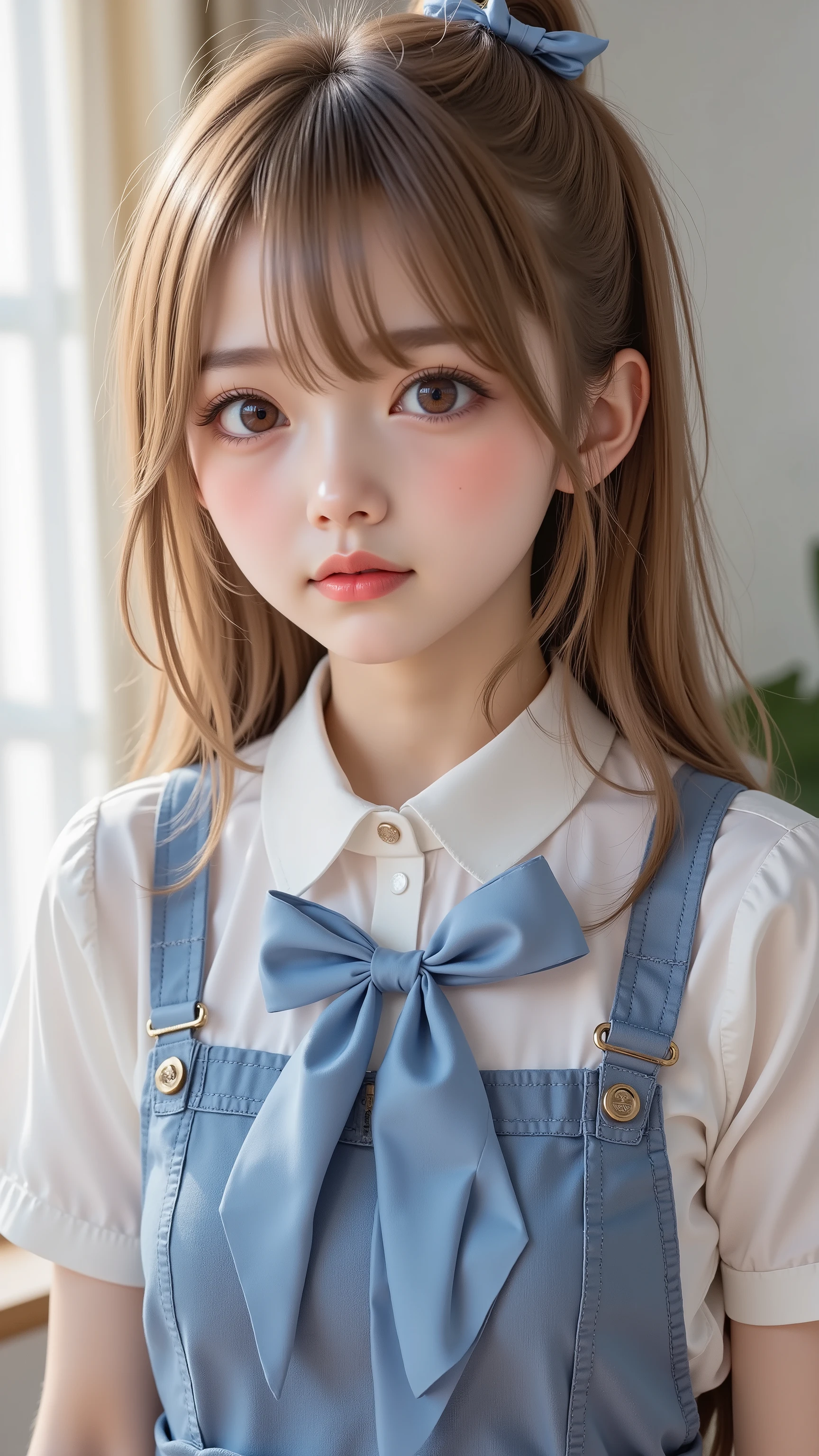 young girl, Light blue ribbon in the hair, ((更衣室でuniformに着替え中)), (Big red eyes , Colored contact lenses), ((redness on cheeks:1.2, very anxious expression:1.2)), uniform, masterpiece, Ultra Fine, super real, Light, Delicate Details, Realistic, 8K, Professional, vivid, Bokeh, (Highest Quality, Highest Image Quality, masterpiece), realistic, Ultra High Definition, (Changing into a skirt:1.5, The zipper on the skirt is open:1.5)