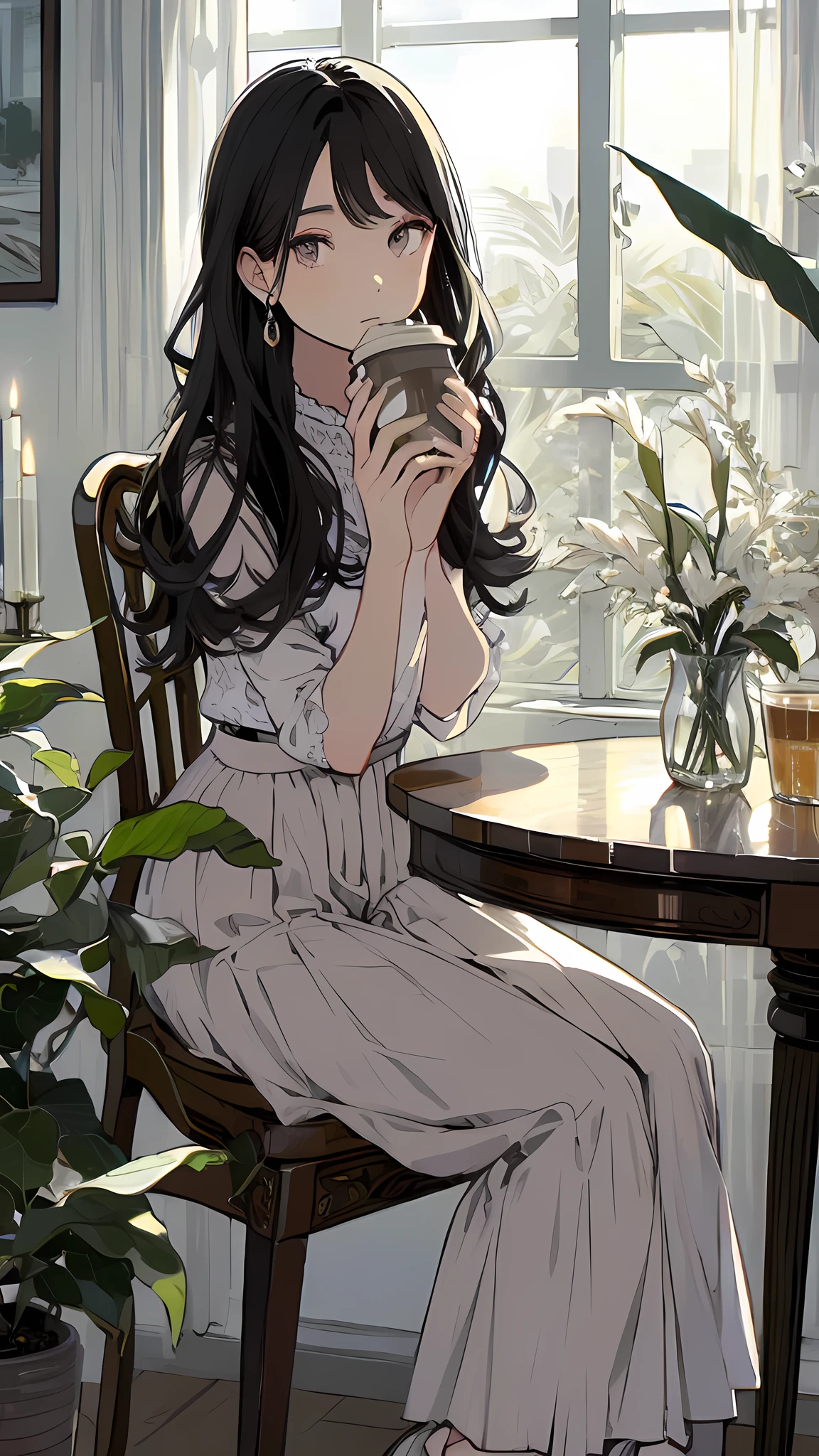 (( Highest Quality)), ((傑 Highest Quality、masterpiece、high sensitivity、 high resolution、 detailed description 、 depicting a delicate face )) slender woman、small face、thin waist、thin legs、slender figure、 black eyes、dark haired、straight hair、white lace blouse 、puff sleeve、black pleated skirt、 Hospital、((antique table、sit on a chair、drink coffee、Houseplants、))、Light from the Window、